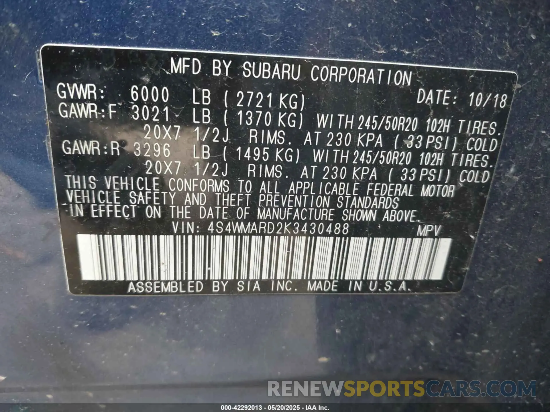 9 Photograph of a damaged car 4S4WMARD2K3430488 SUBARU ASCENT 2019