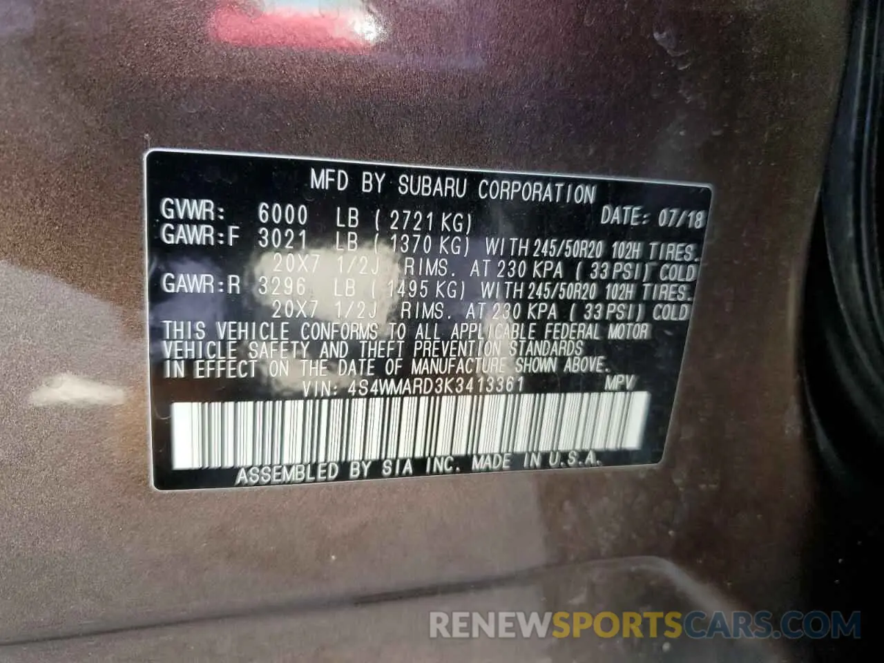 13 Photograph of a damaged car 4S4WMARD3K3413361 SUBARU ASCENT 2019