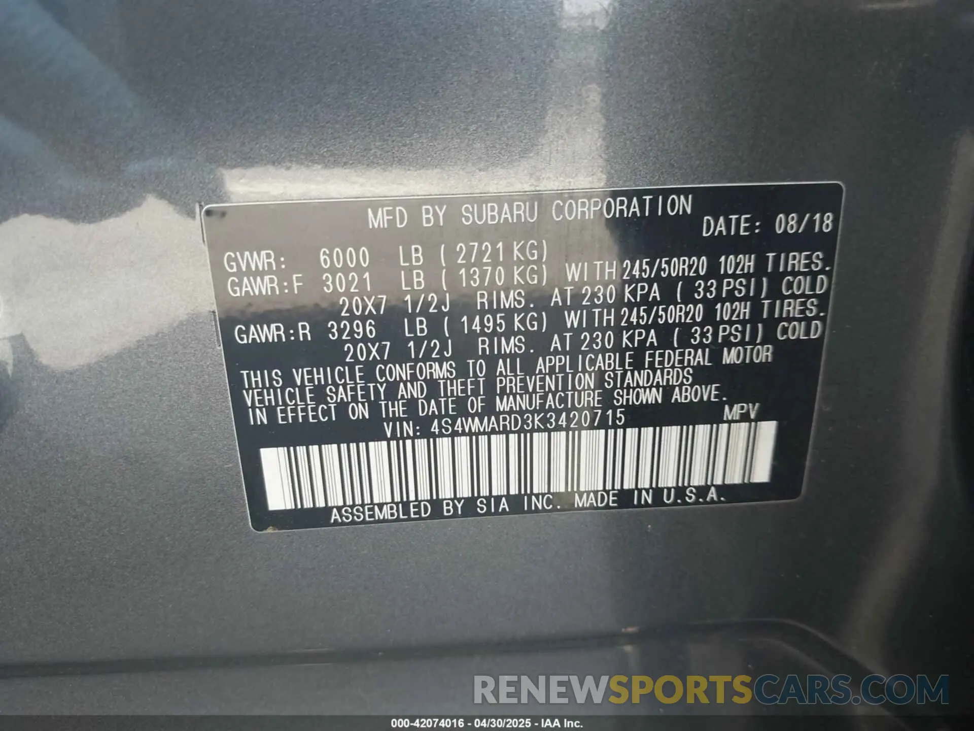 9 Photograph of a damaged car 4S4WMARD3K3420715 SUBARU ASCENT 2019