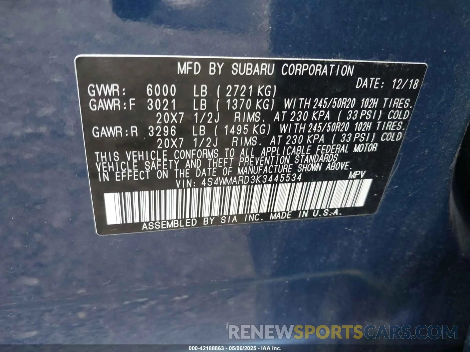 9 Photograph of a damaged car 4S4WMARD3K3445534 SUBARU ASCENT 2019