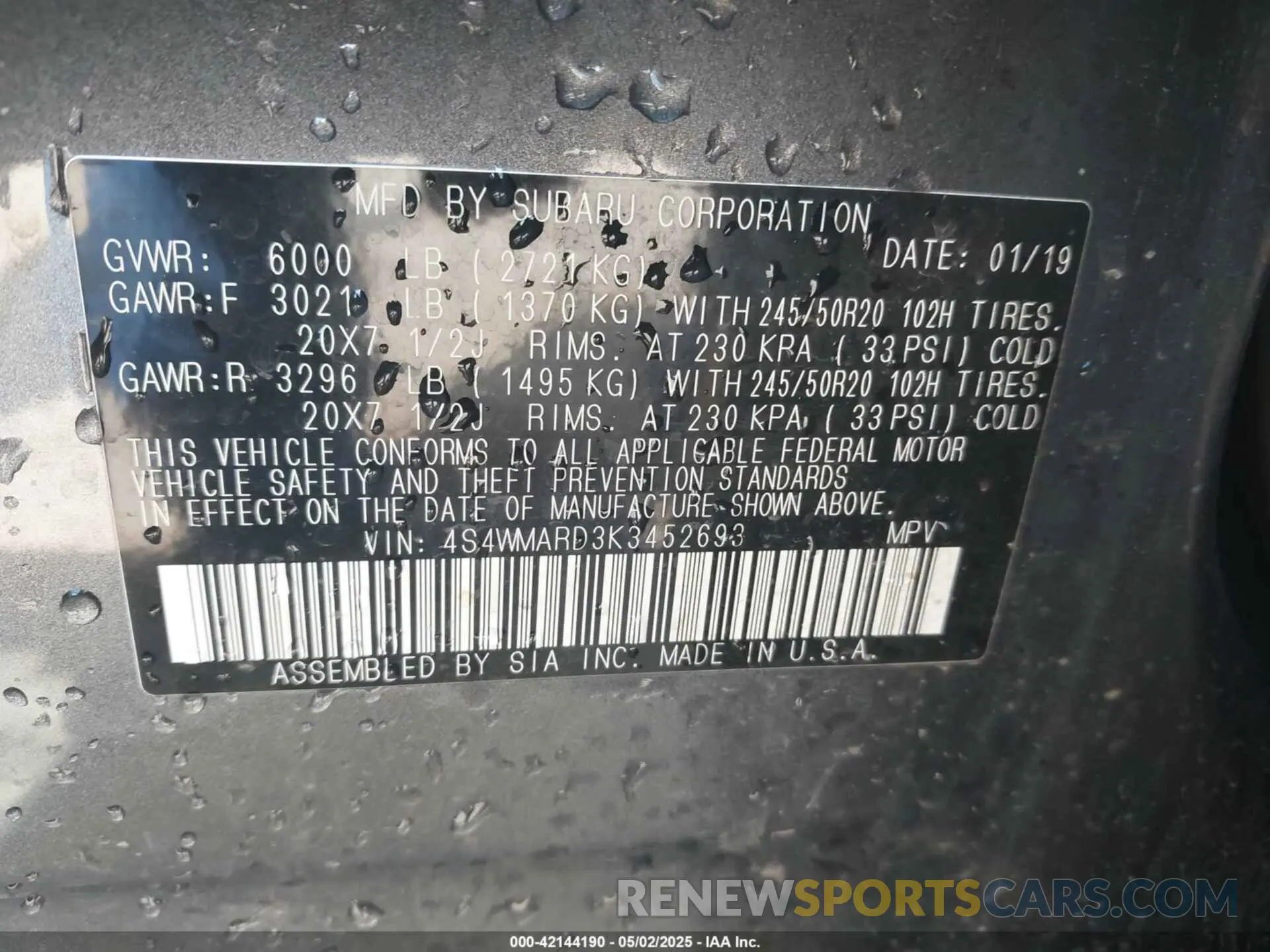 9 Photograph of a damaged car 4S4WMARD3K3452693 SUBARU ASCENT 2019