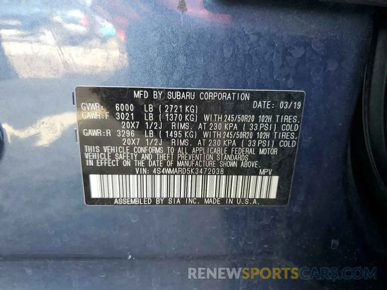 14 Photograph of a damaged car 4S4WMARD5K3472038 SUBARU ASCENT 2019