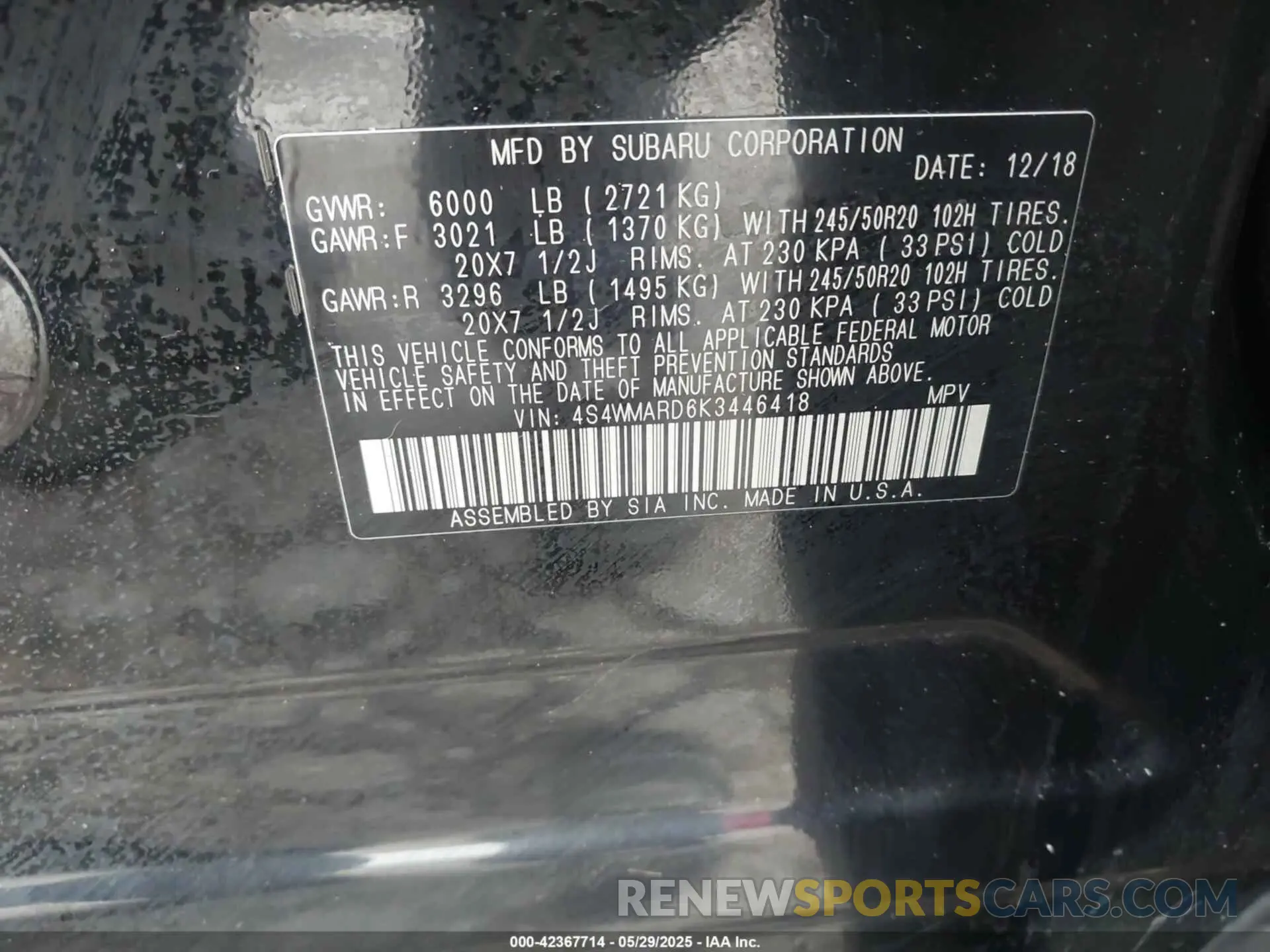 9 Photograph of a damaged car 4S4WMARD6K3446418 SUBARU ASCENT 2019