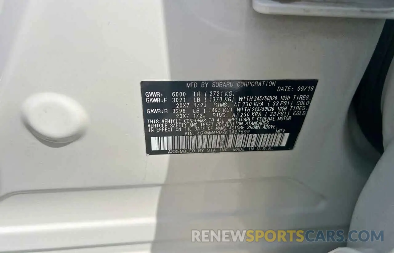 10 Photograph of a damaged car 4S4WMARD7K3427599 SUBARU ASCENT 2019