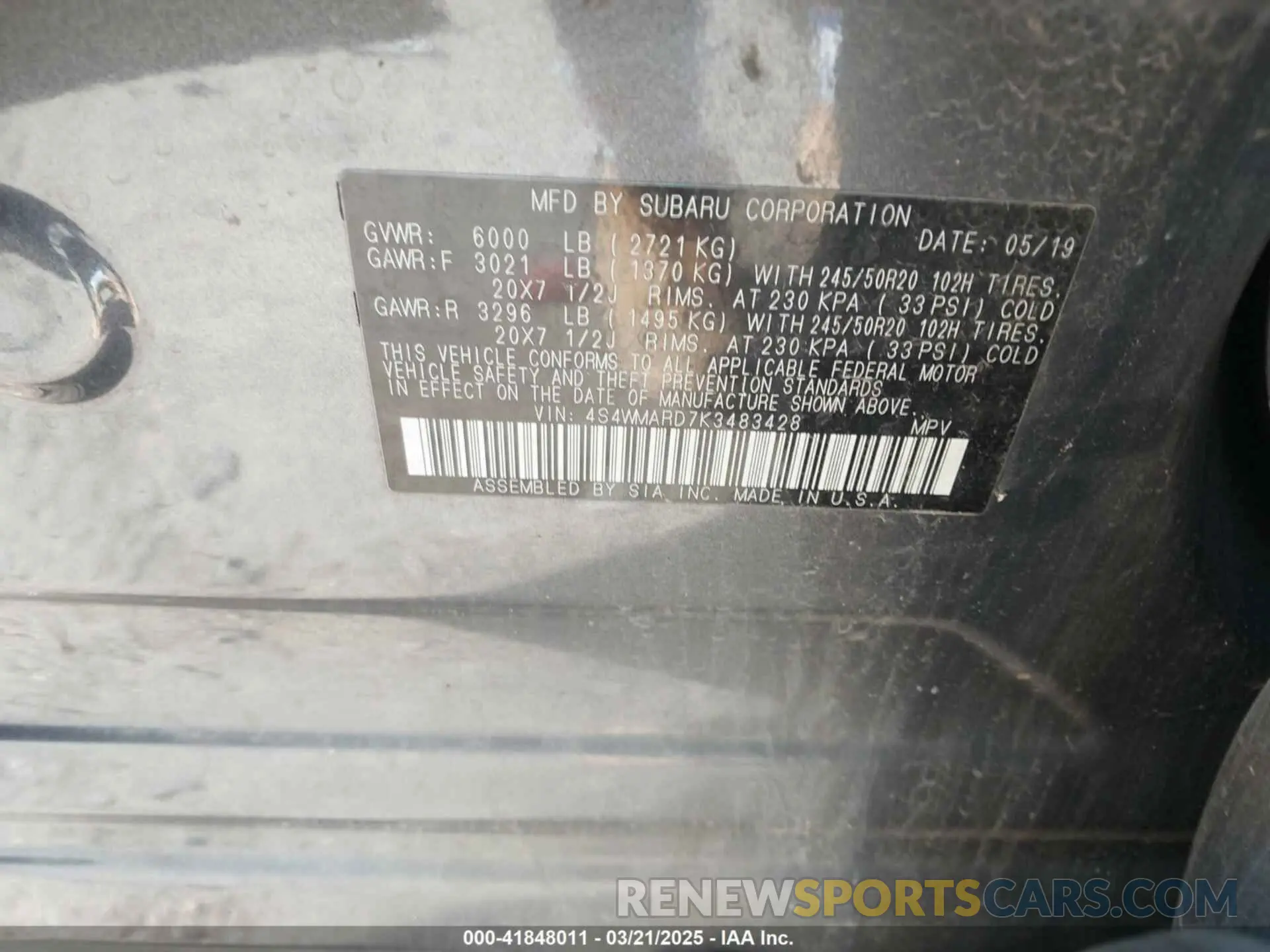 9 Photograph of a damaged car 4S4WMARD7K3483428 SUBARU ASCENT 2019