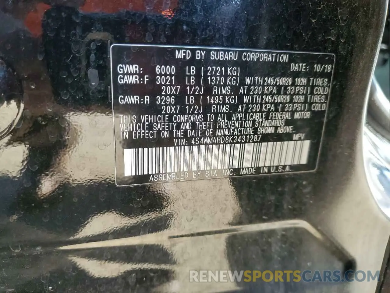 13 Photograph of a damaged car 4S4WMARD8K3431287 SUBARU ASCENT 2019