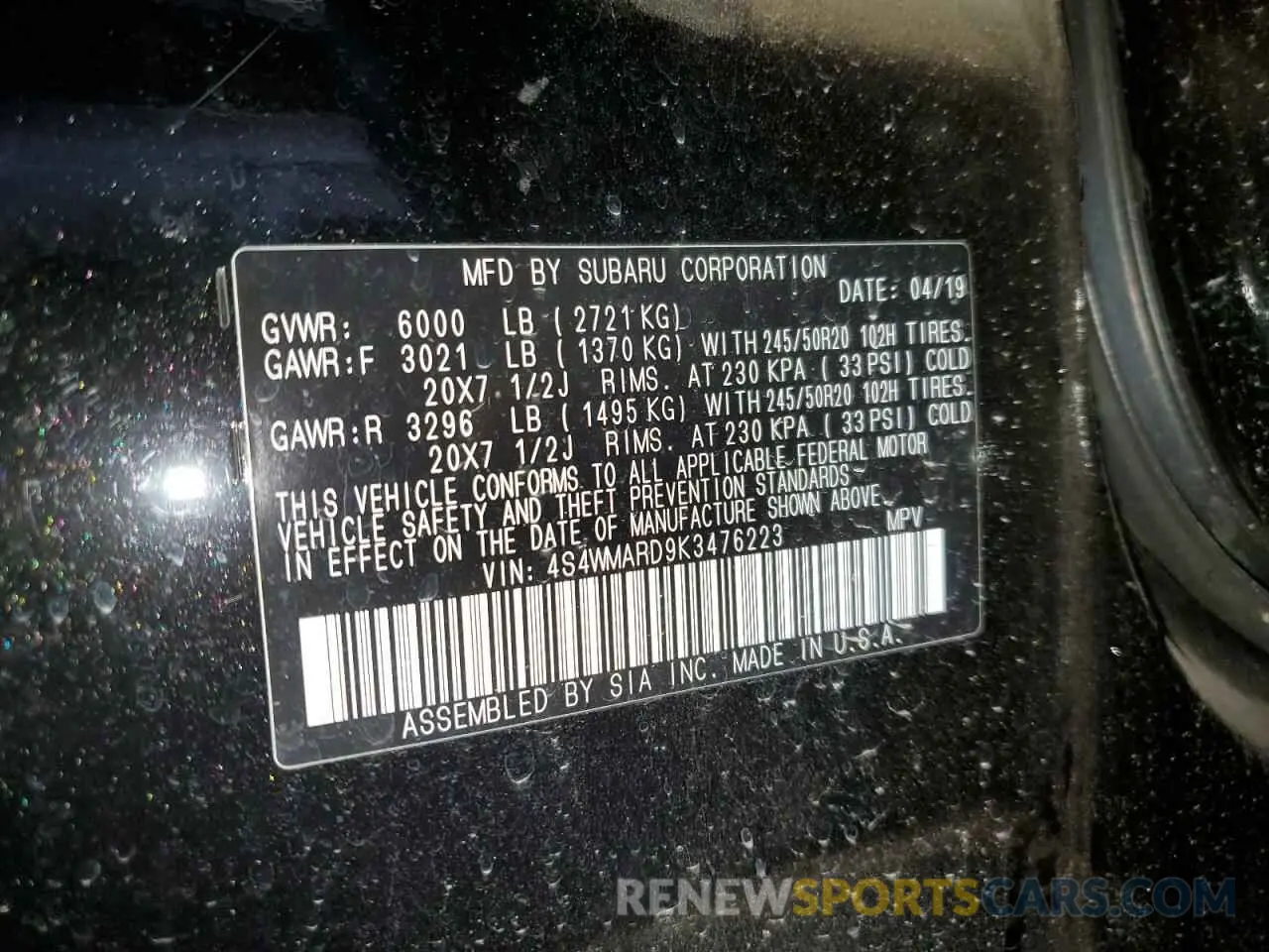13 Photograph of a damaged car 4S4WMARD9K3476223 SUBARU ASCENT 2019