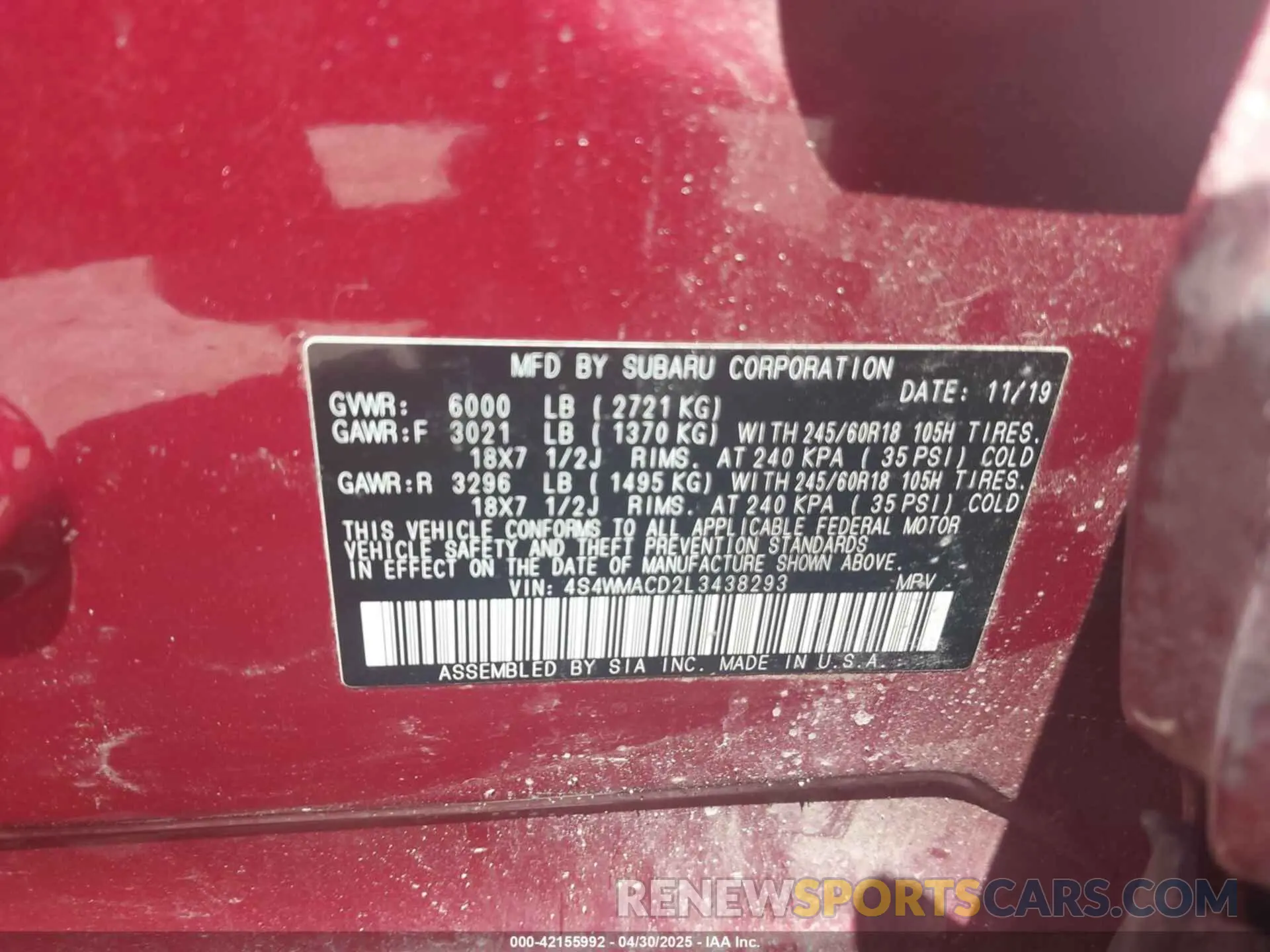 9 Photograph of a damaged car 4S4WMACD2L3438293 SUBARU ASCENT 2020