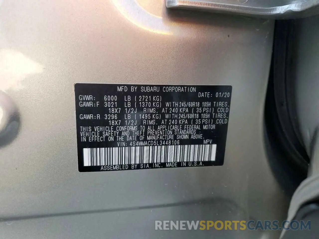14 Photograph of a damaged car 4S4WMACD5L3448106 SUBARU ASCENT 2020