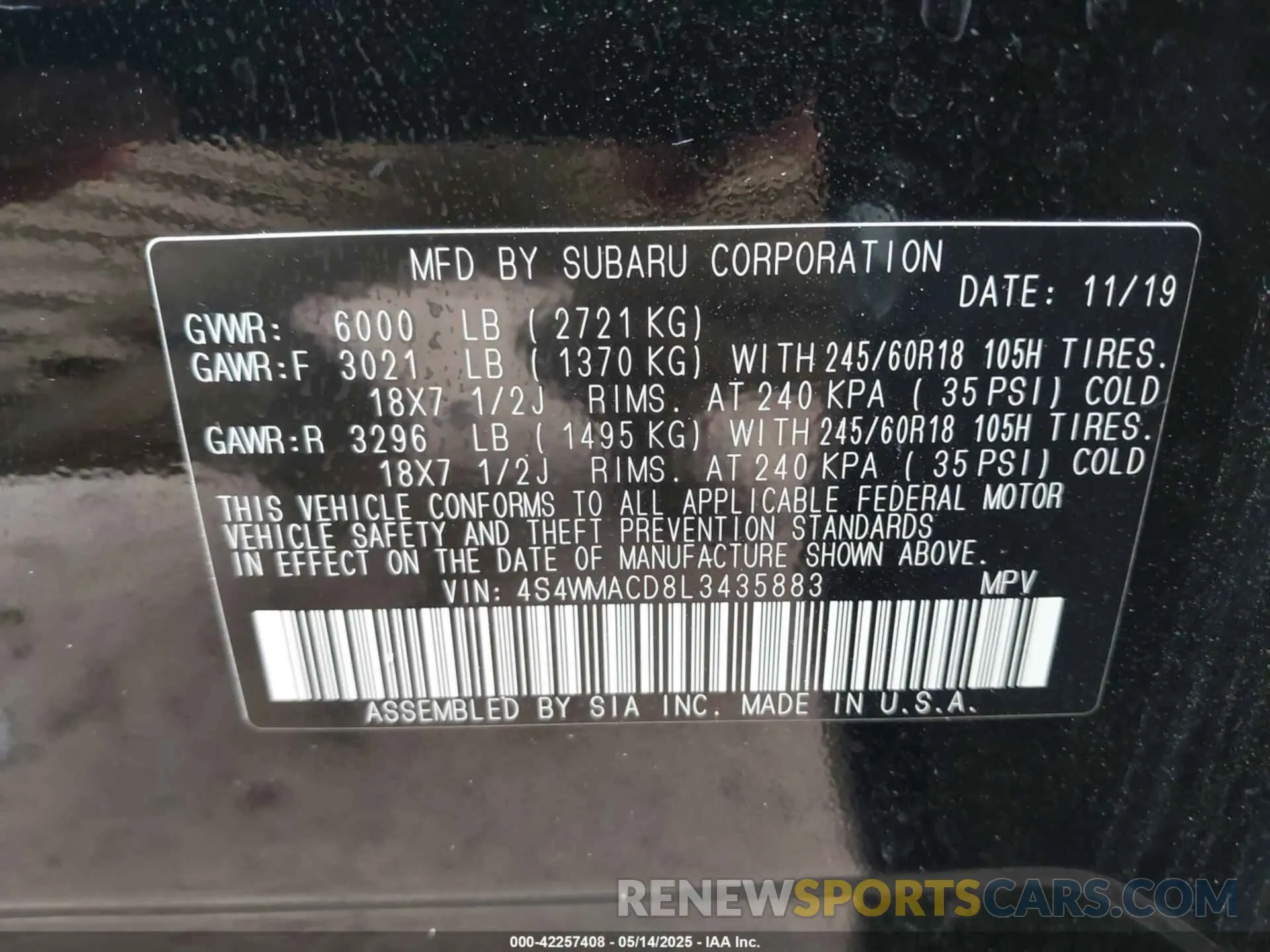 9 Photograph of a damaged car 4S4WMACD8L3435883 SUBARU ASCENT 2020