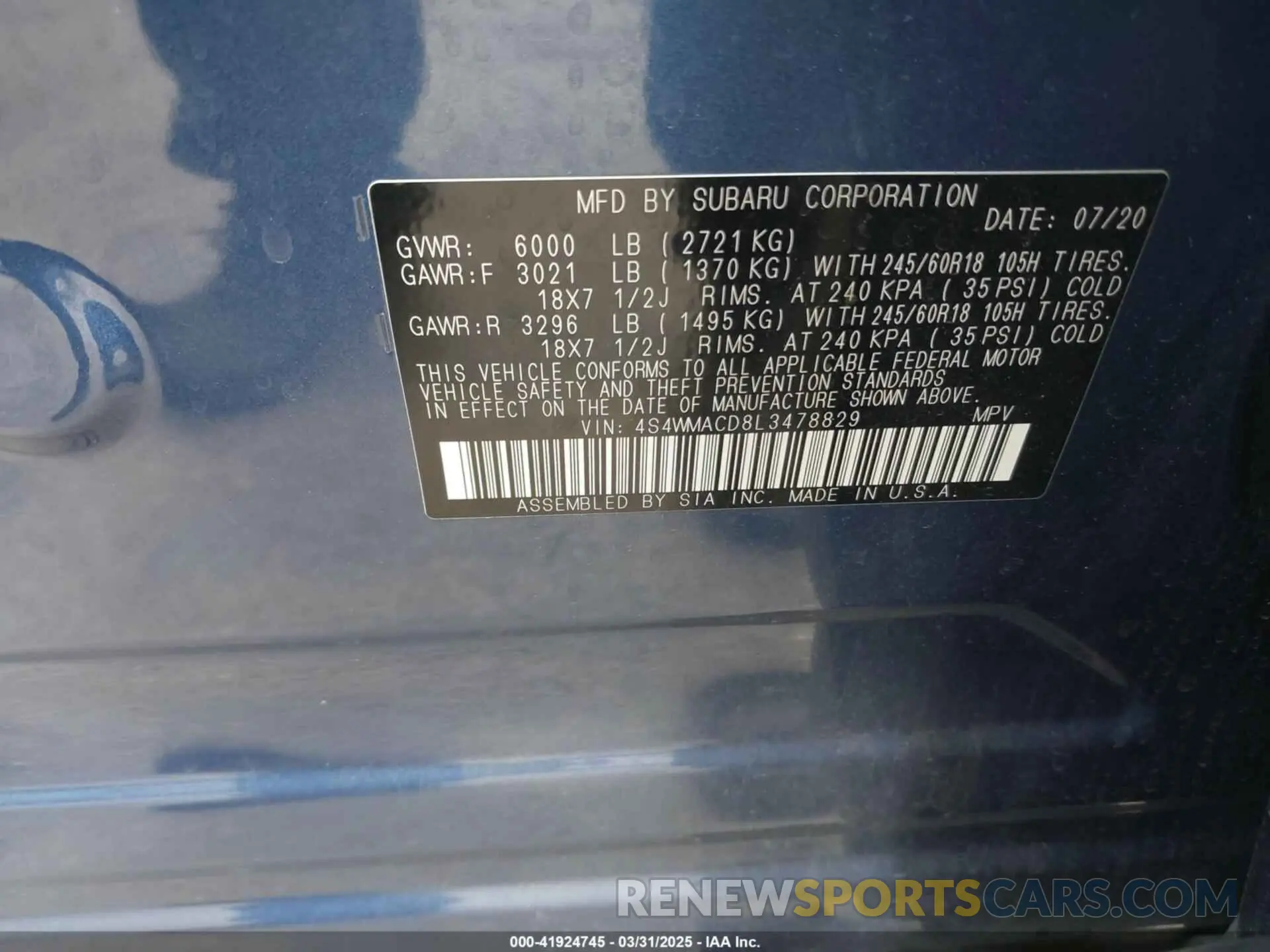 9 Photograph of a damaged car 4S4WMACD8L3478829 SUBARU ASCENT 2020
