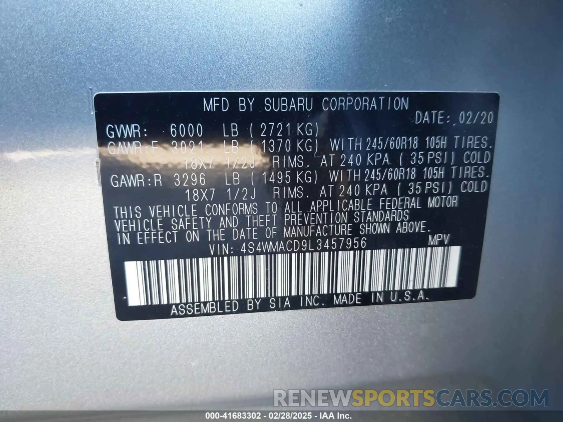 9 Photograph of a damaged car 4S4WMACD9L3457956 SUBARU ASCENT 2020