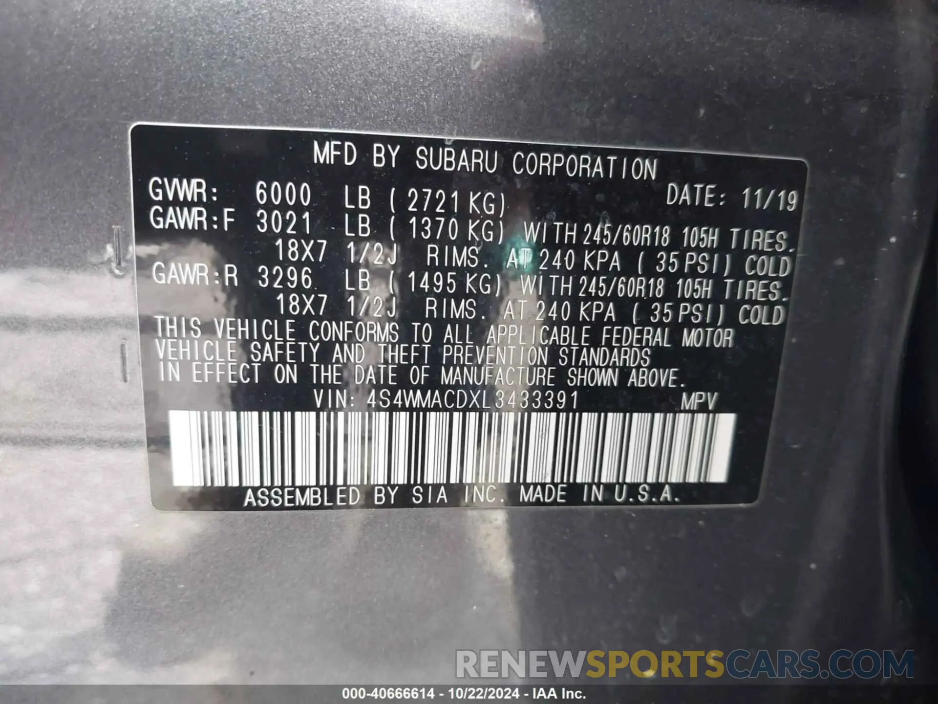 9 Photograph of a damaged car 4S4WMACDXL3433391 SUBARU ASCENT 2020