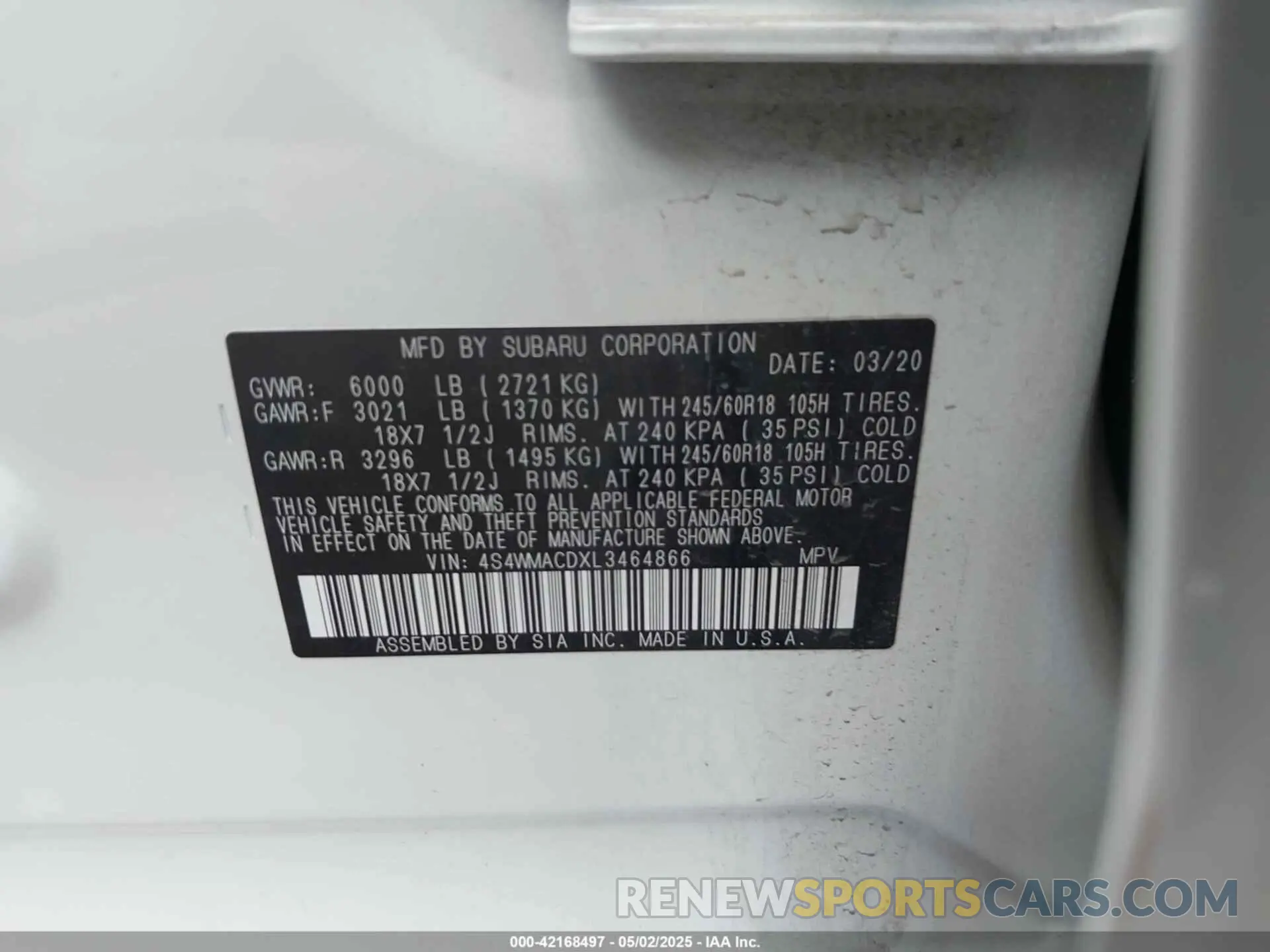 9 Photograph of a damaged car 4S4WMACDXL3464866 SUBARU ASCENT 2020