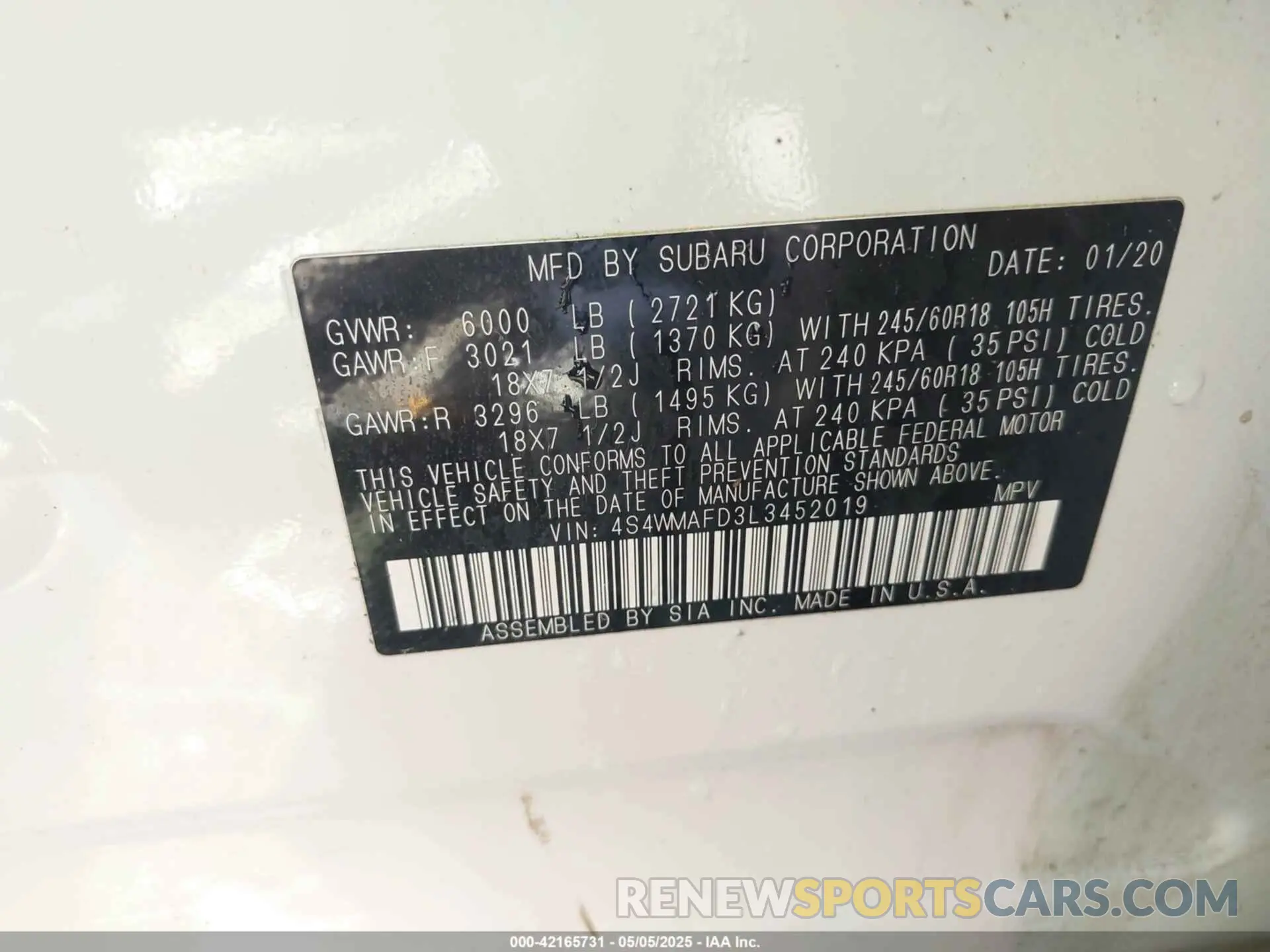 9 Photograph of a damaged car 4S4WMAFD3L3452019 SUBARU ASCENT 2020