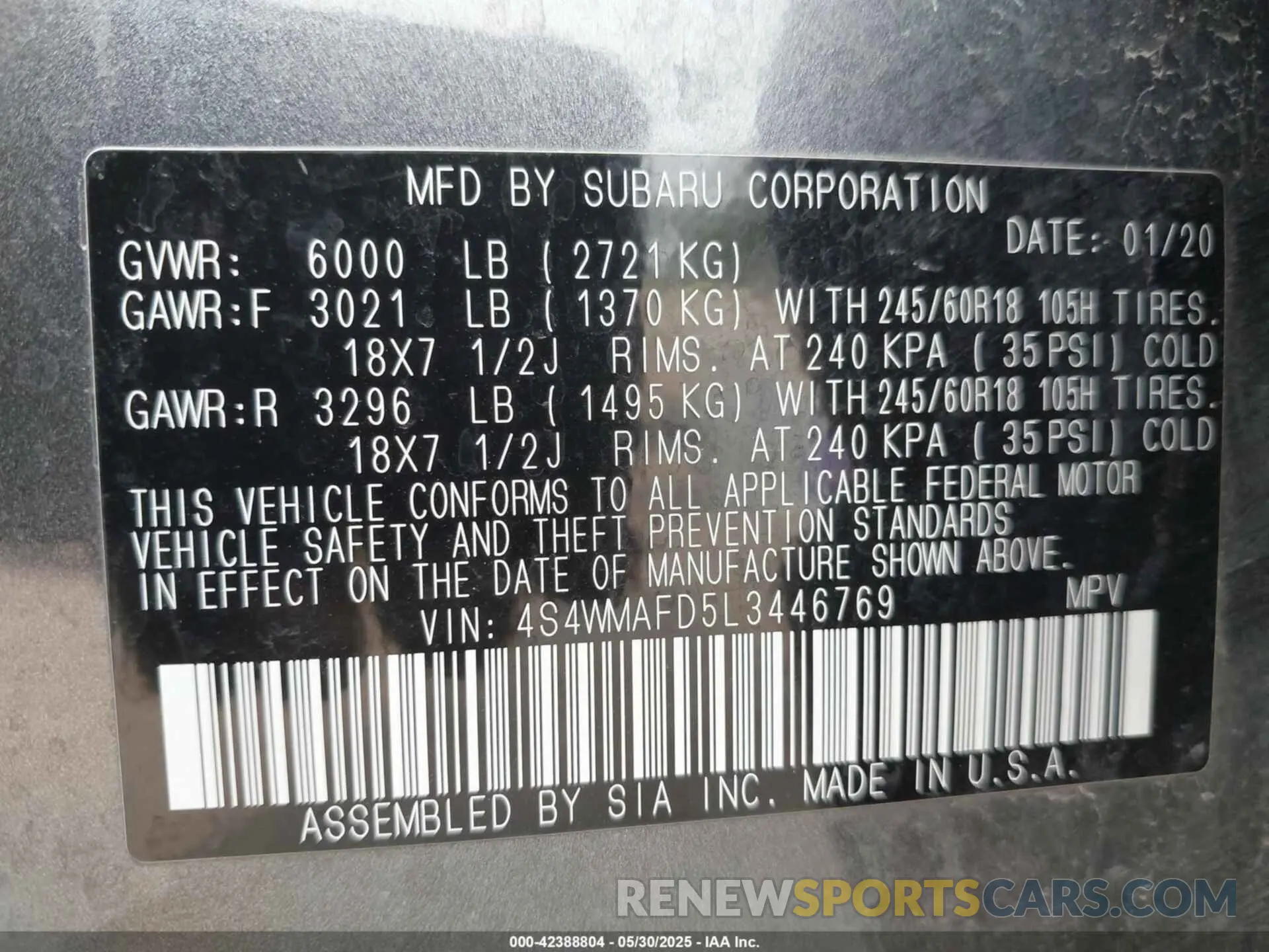 9 Photograph of a damaged car 4S4WMAFD5L3446769 SUBARU ASCENT 2020