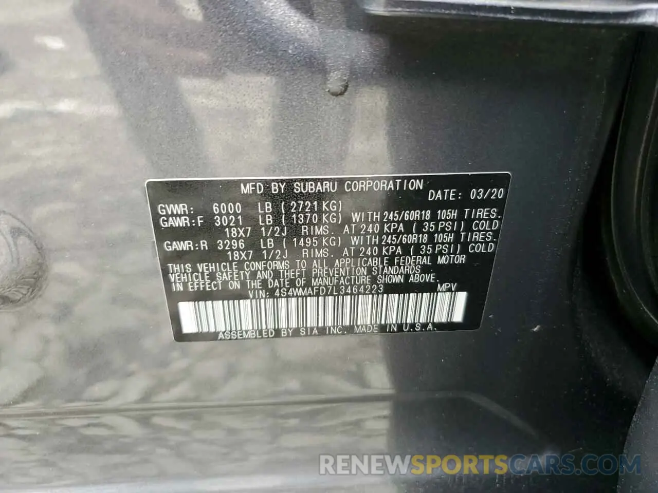 13 Photograph of a damaged car 4S4WMAFD7L3464223 SUBARU ASCENT 2020