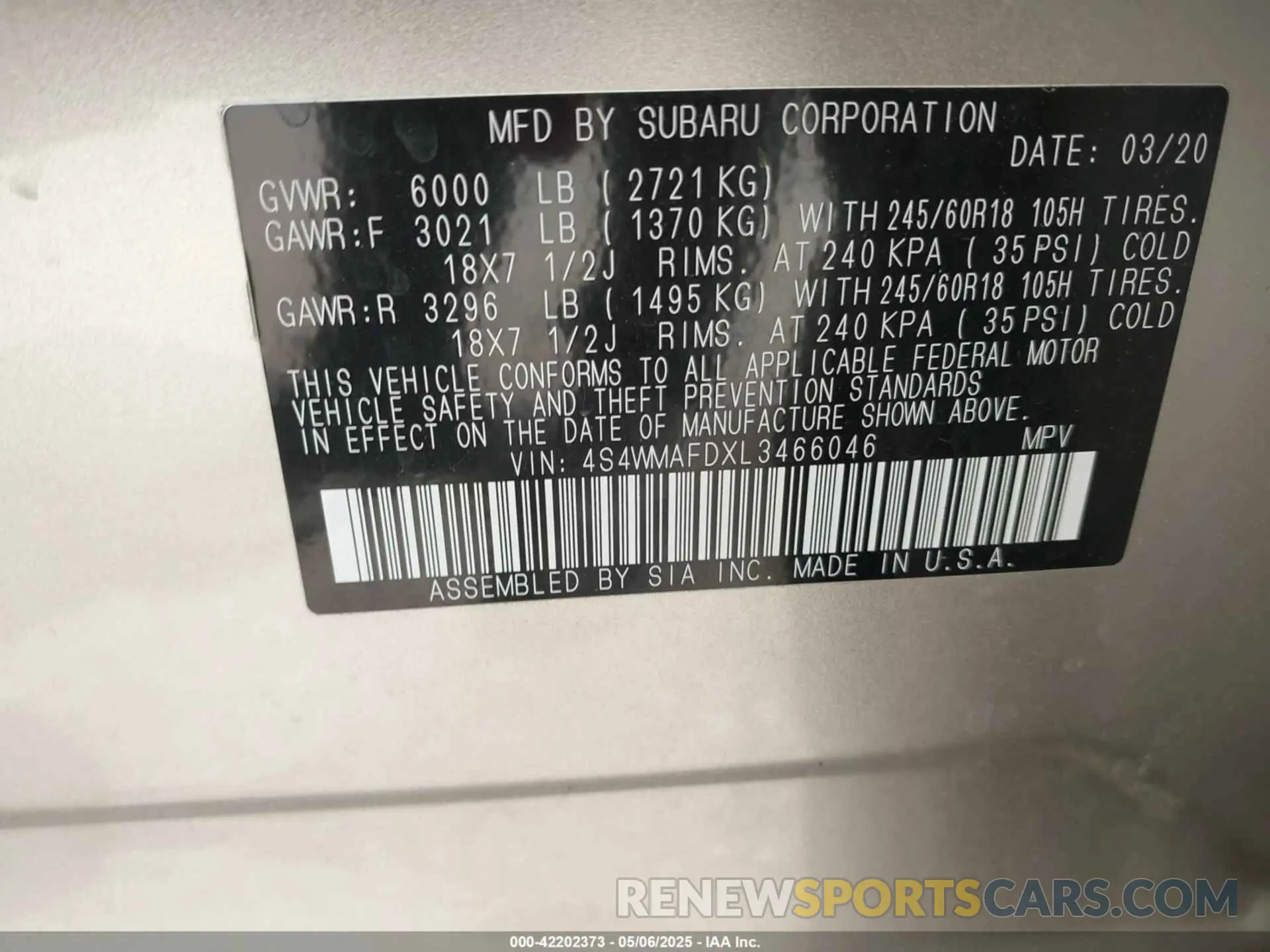 9 Photograph of a damaged car 4S4WMAFDXL3466046 SUBARU ASCENT 2020