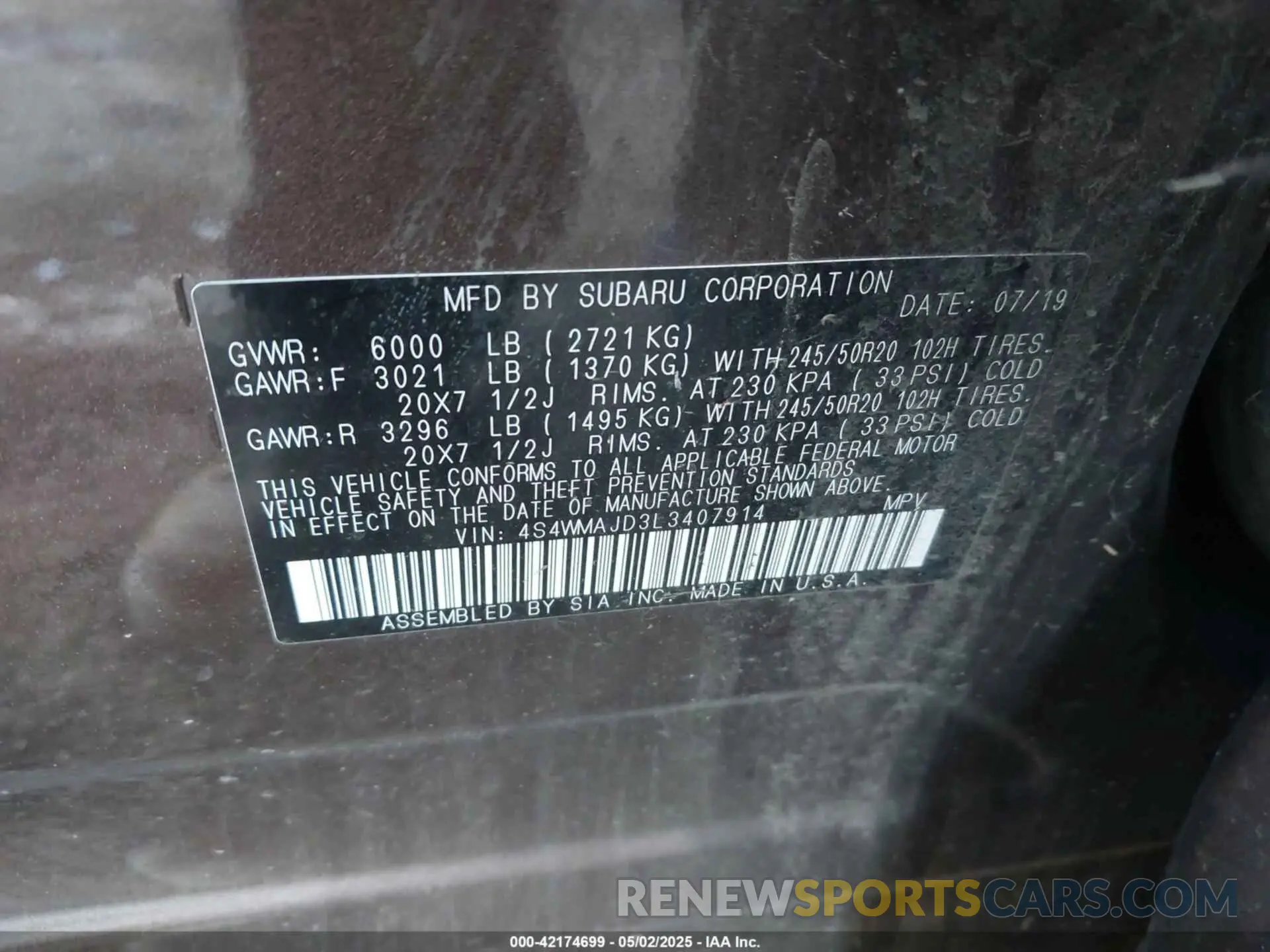9 Photograph of a damaged car 4S4WMAJD3L3407914 SUBARU ASCENT 2020