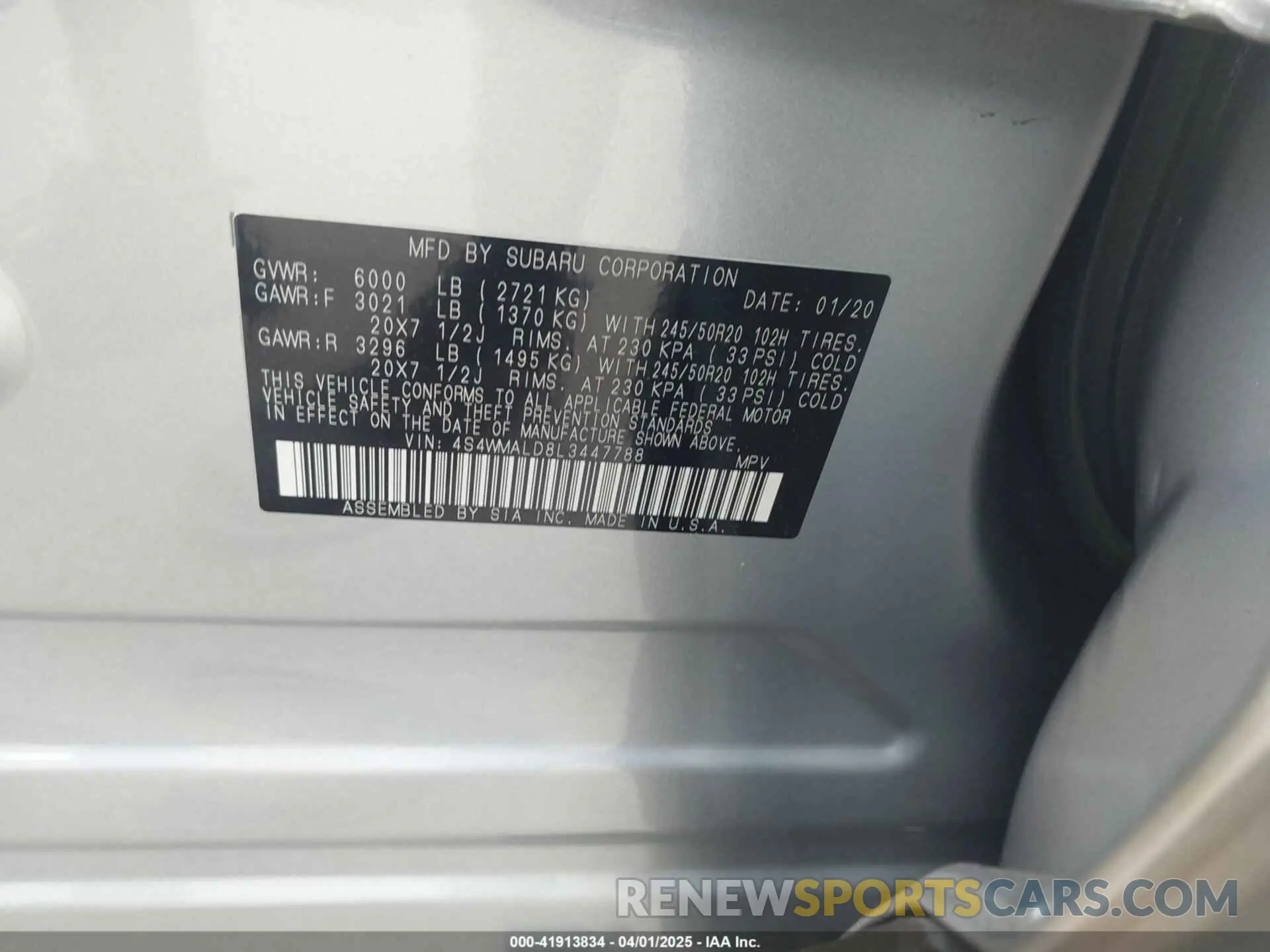 9 Photograph of a damaged car 4S4WMALD8L3447788 SUBARU ASCENT 2020