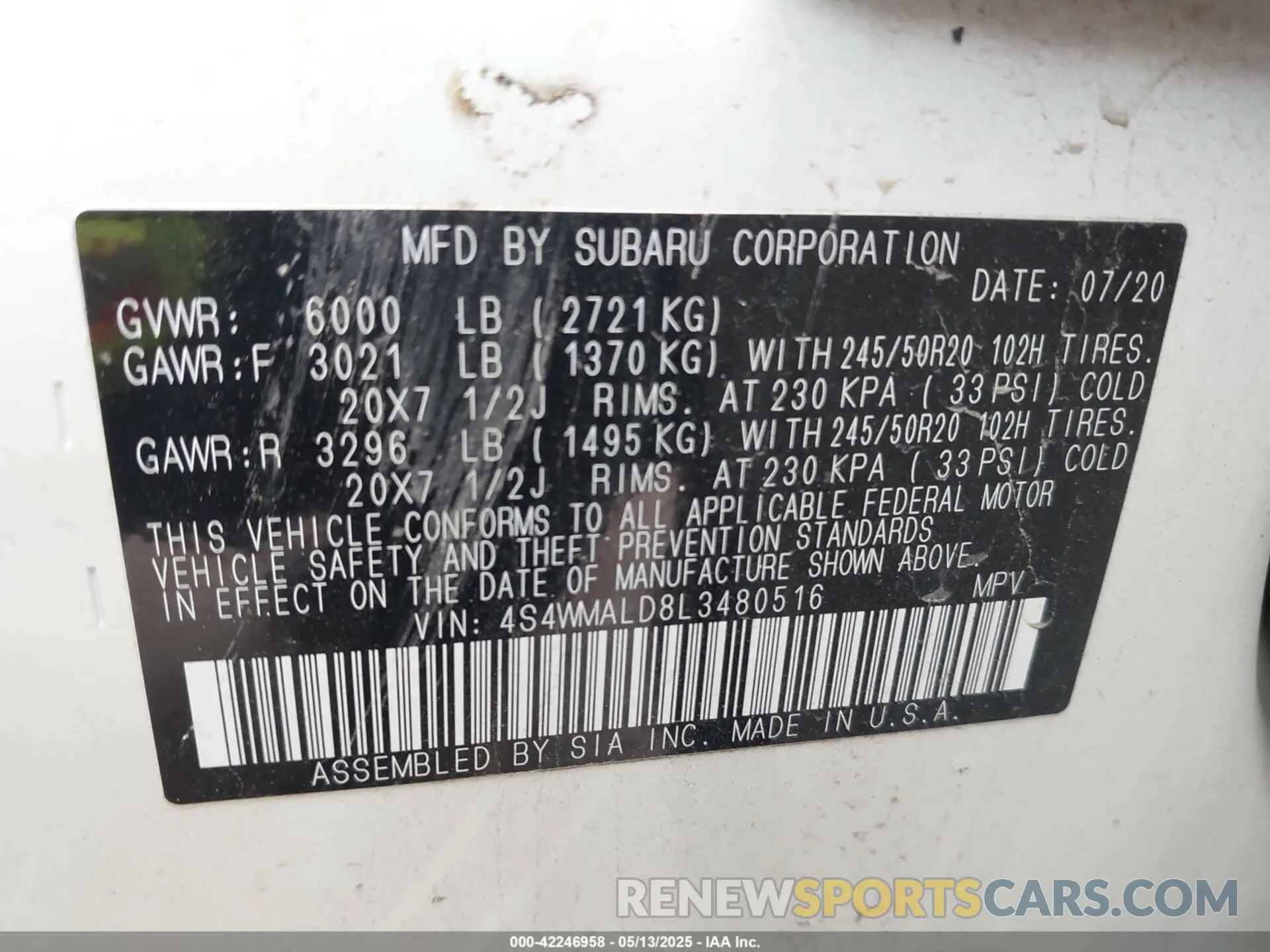 9 Photograph of a damaged car 4S4WMALD8L3480516 SUBARU ASCENT 2020