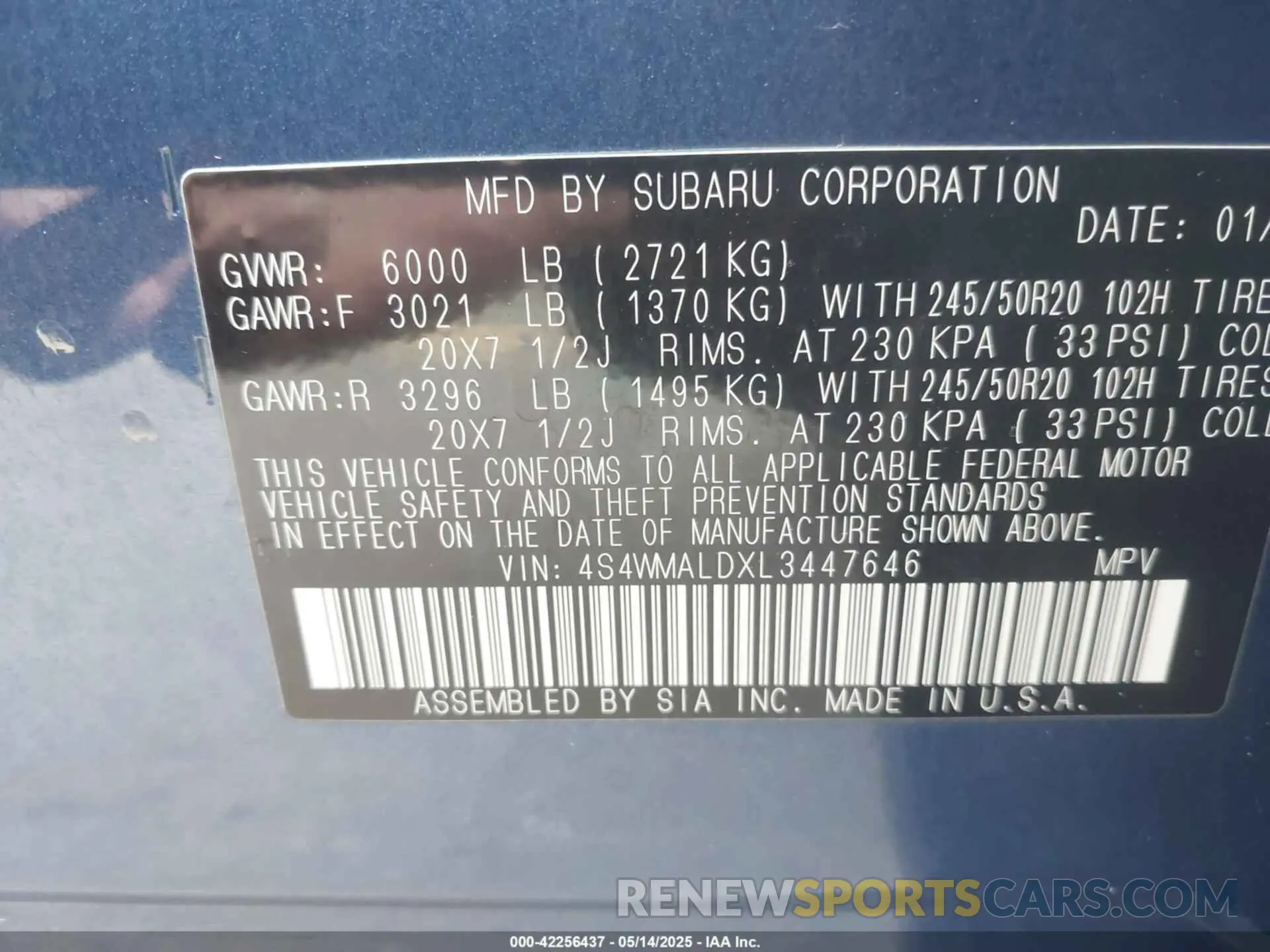 9 Photograph of a damaged car 4S4WMALDXL3447646 SUBARU ASCENT 2020