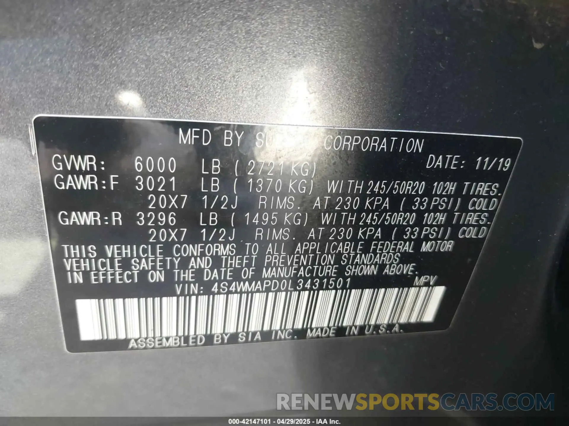 9 Photograph of a damaged car 4S4WMAPD0L3431501 SUBARU ASCENT 2020