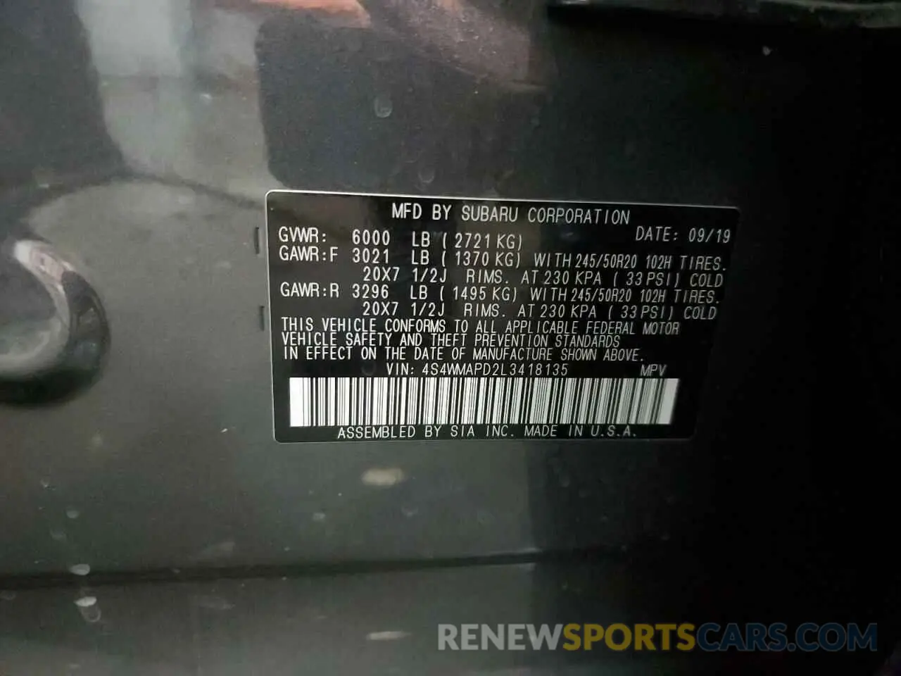 13 Photograph of a damaged car 4S4WMAPD2L3418135 SUBARU ASCENT 2020