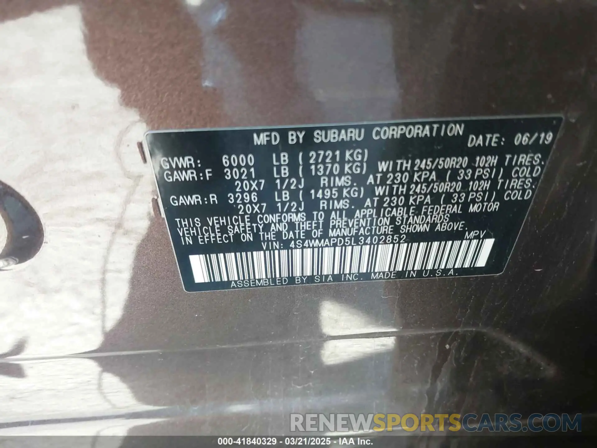 9 Photograph of a damaged car 4S4WMAPD5L3402852 SUBARU ASCENT 2020