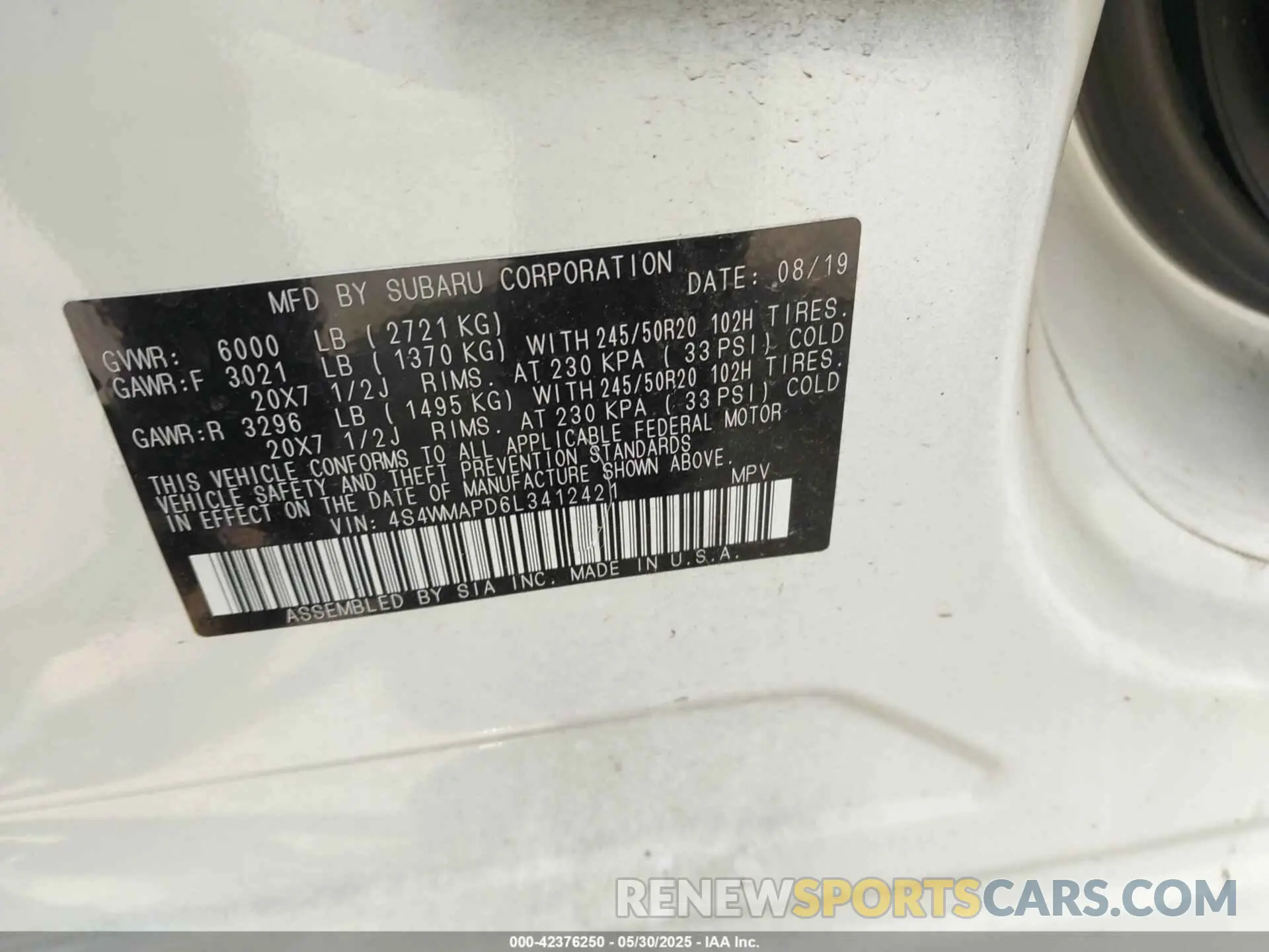 9 Photograph of a damaged car 4S4WMAPD6L3412421 SUBARU ASCENT 2020