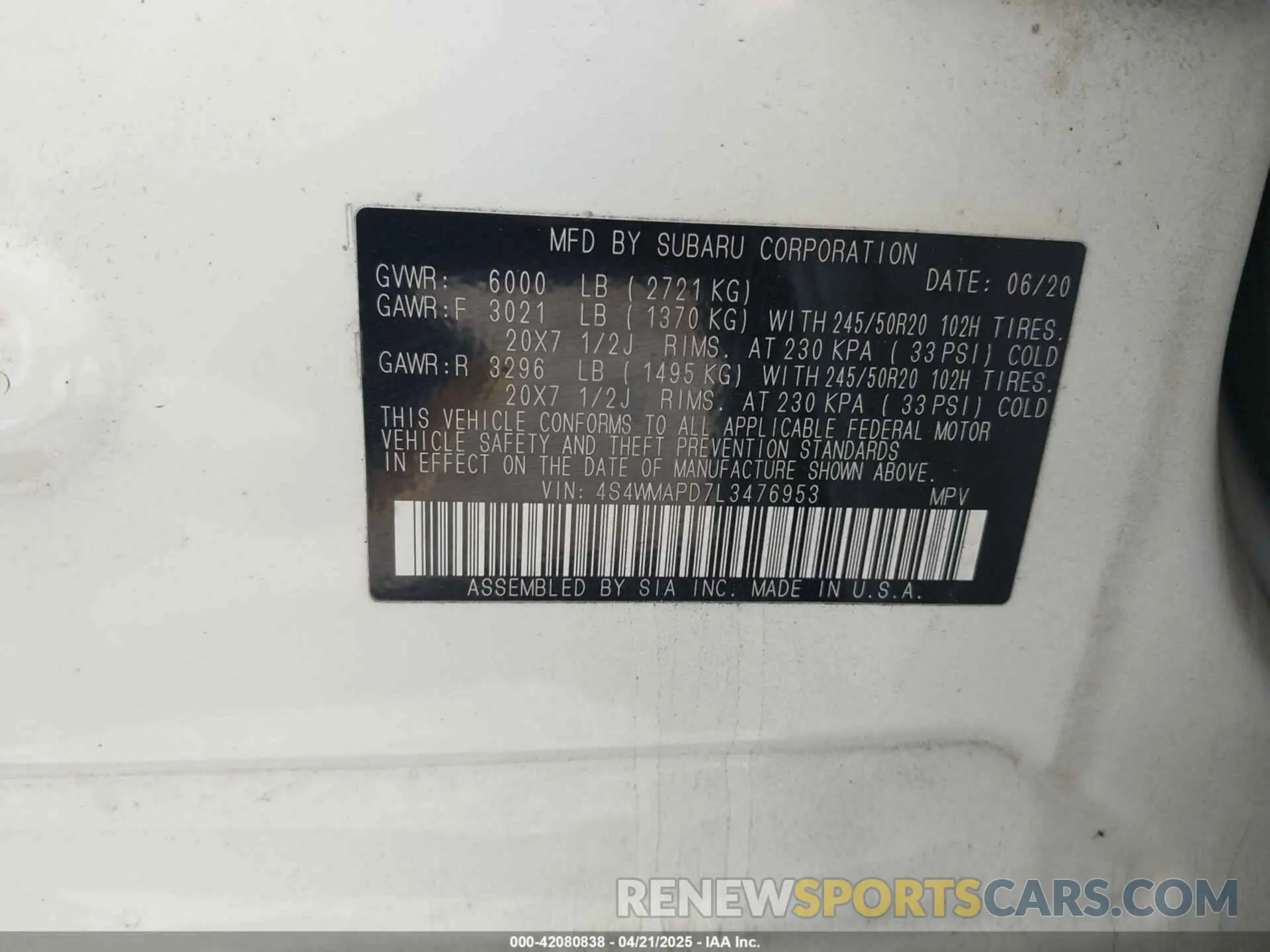 9 Photograph of a damaged car 4S4WMAPD7L3476953 SUBARU ASCENT 2020