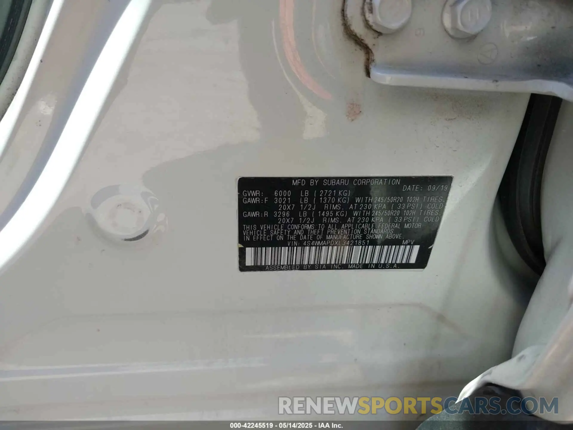 9 Photograph of a damaged car 4S4WMAPDXL3421851 SUBARU ASCENT 2020