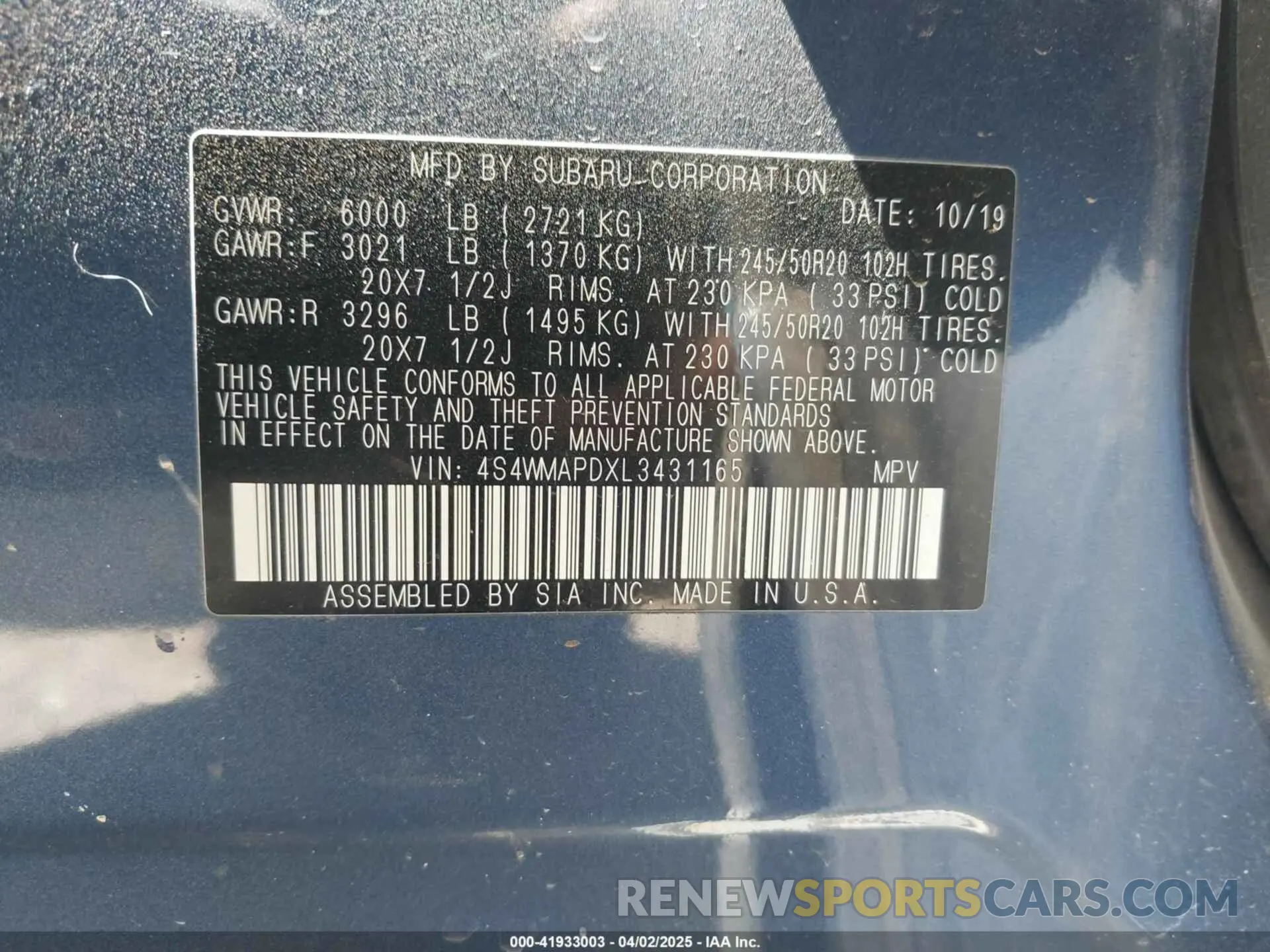 9 Photograph of a damaged car 4S4WMAPDXL3431165 SUBARU ASCENT 2020