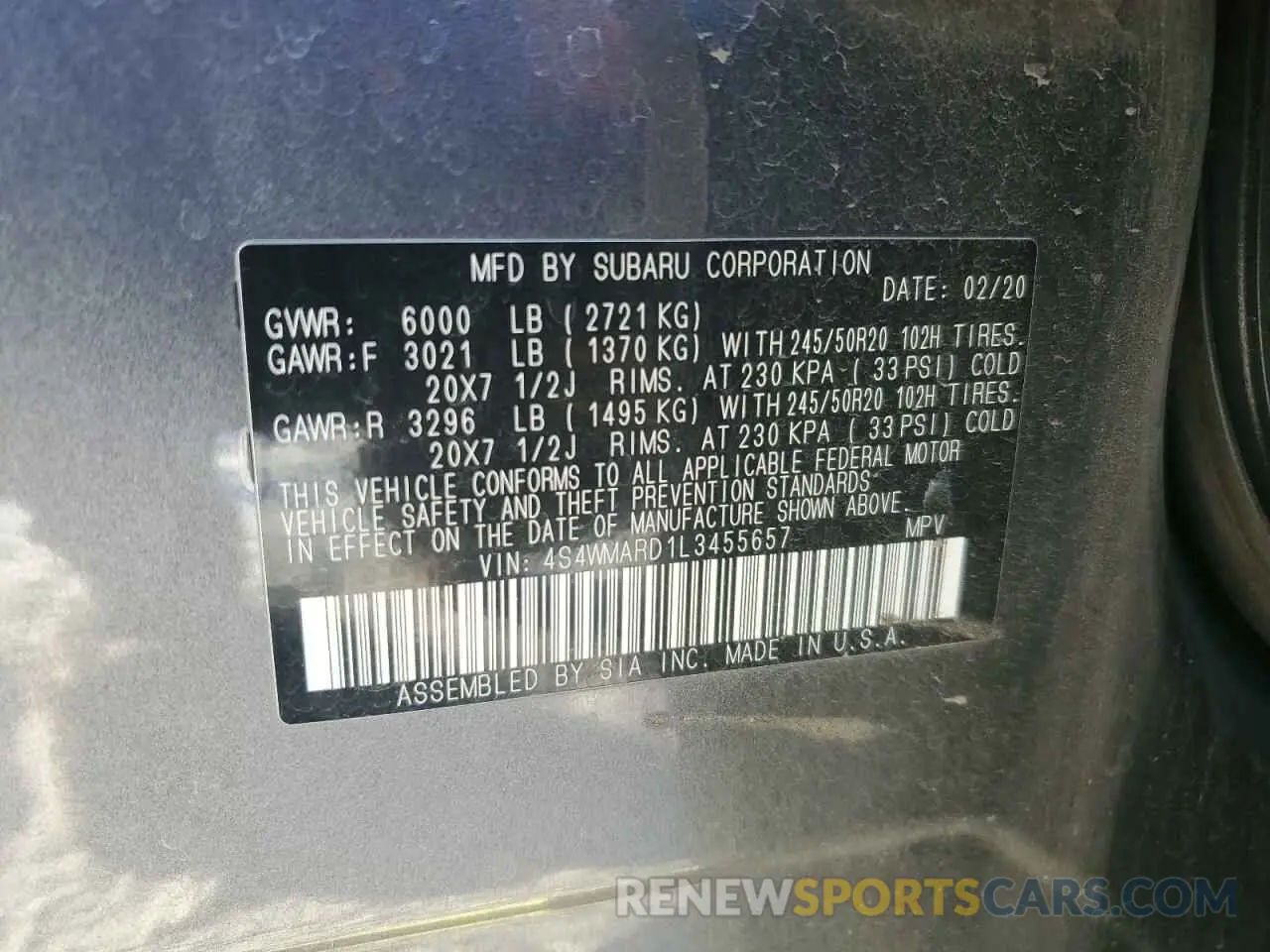 13 Photograph of a damaged car 4S4WMARD1L3455657 SUBARU ASCENT 2020