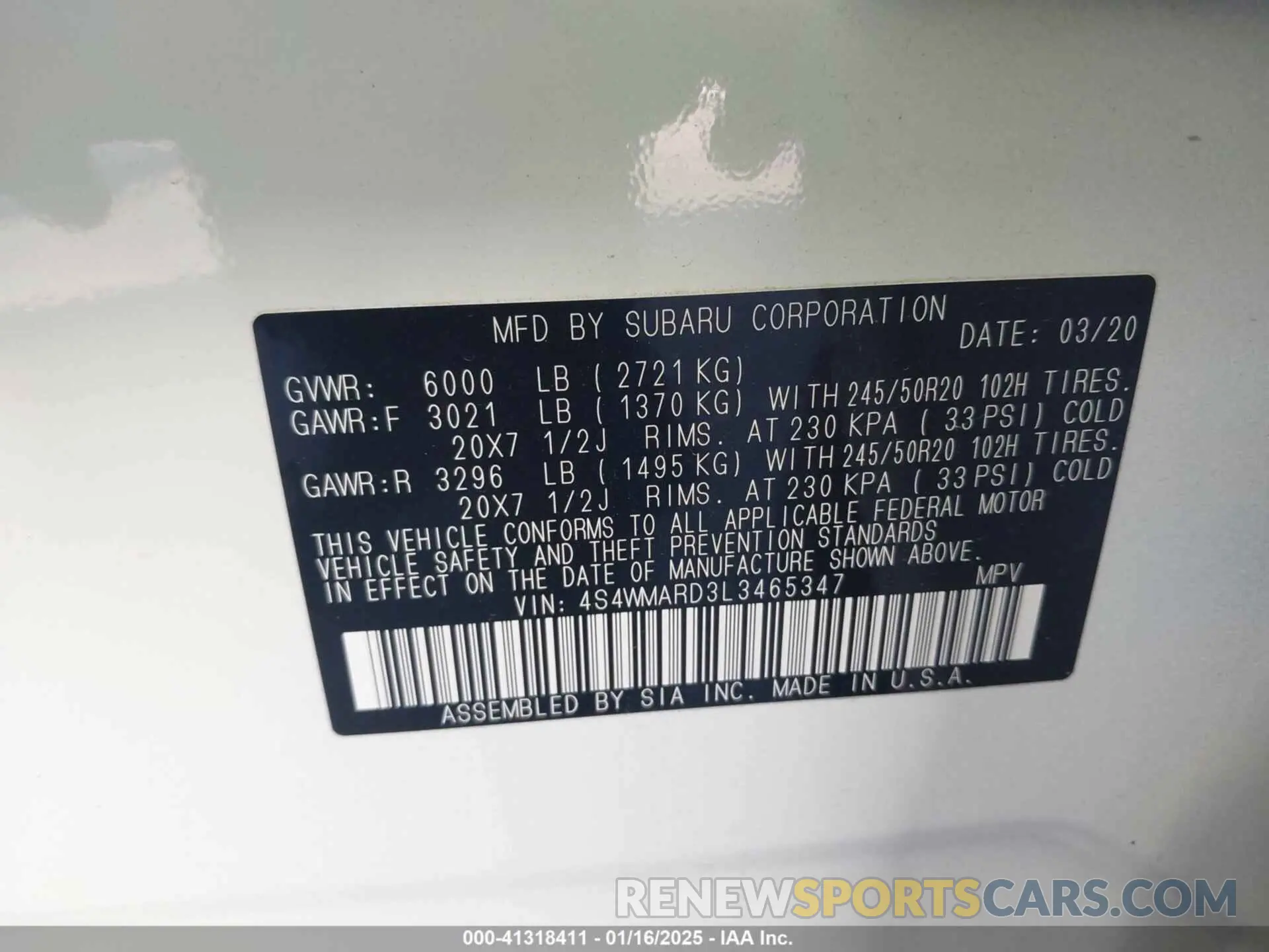 9 Photograph of a damaged car 4S4WMARD3L3465347 SUBARU ASCENT 2020