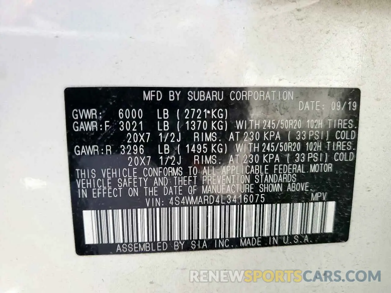 15 Photograph of a damaged car 4S4WMARD4L3416075 SUBARU ASCENT 2020
