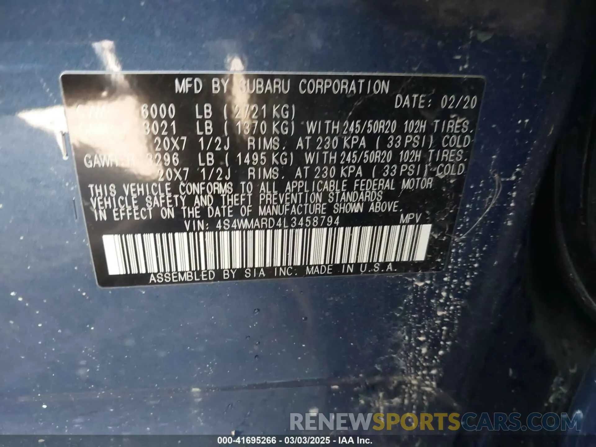 9 Photograph of a damaged car 4S4WMARD4L3458794 SUBARU ASCENT 2020