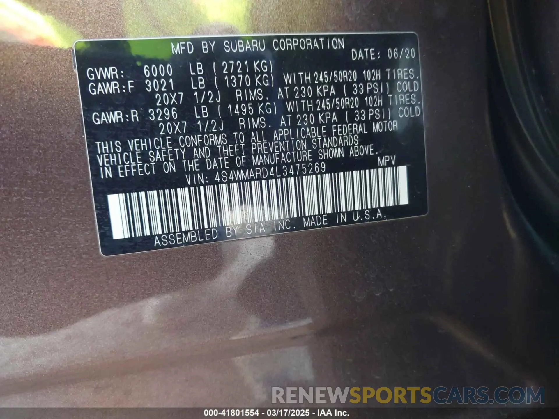 9 Photograph of a damaged car 4S4WMARD4L3475269 SUBARU ASCENT 2020