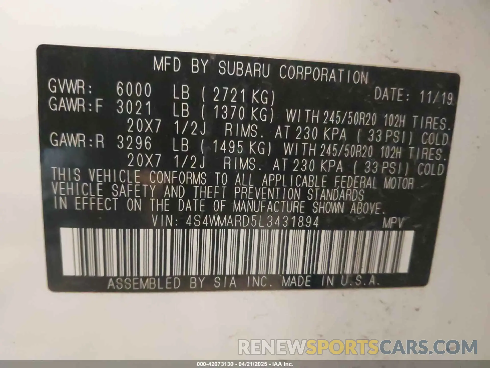 9 Photograph of a damaged car 4S4WMARD5L3431894 SUBARU ASCENT 2020