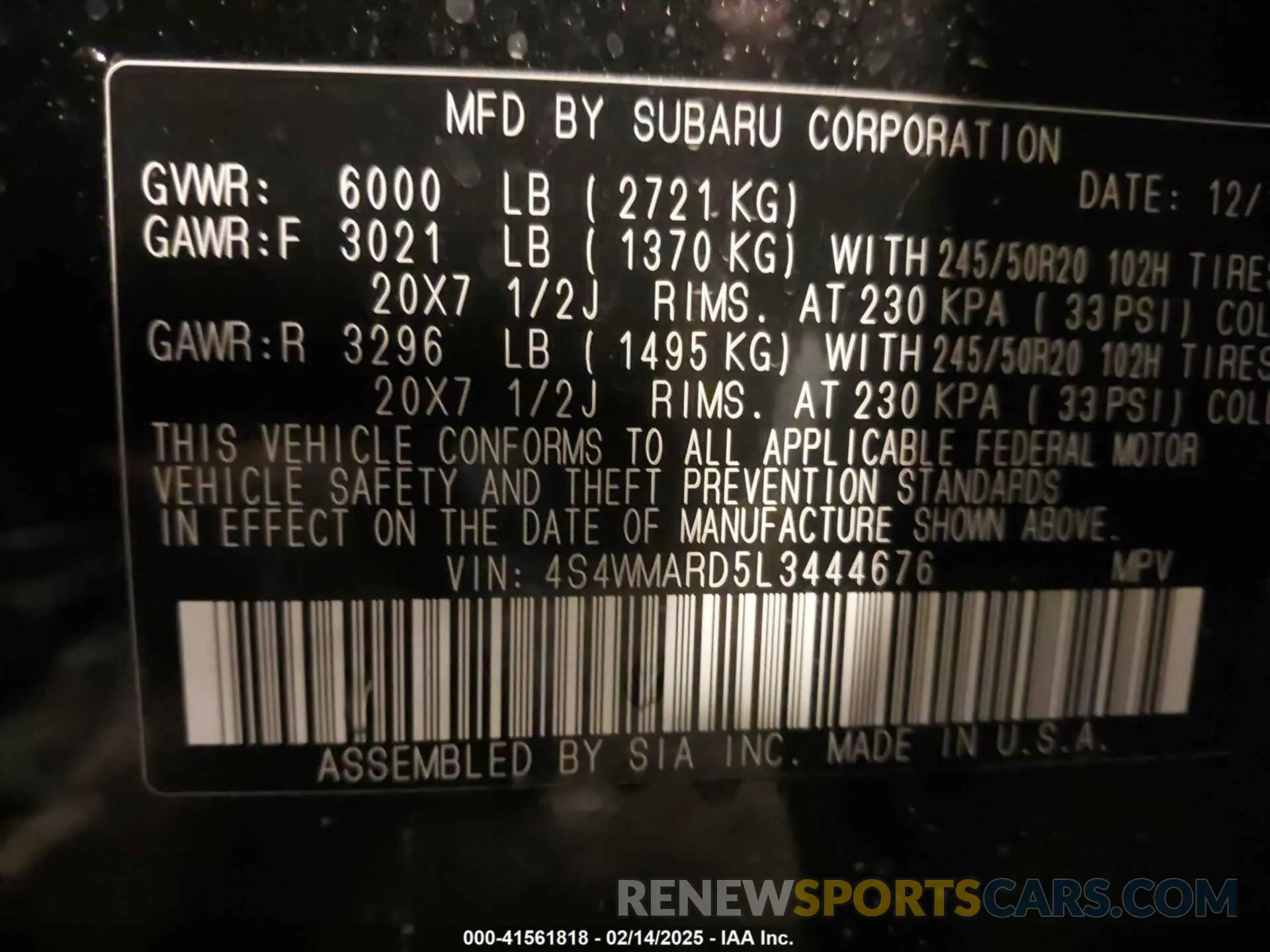 9 Photograph of a damaged car 4S4WMARD5L3444676 SUBARU ASCENT 2020