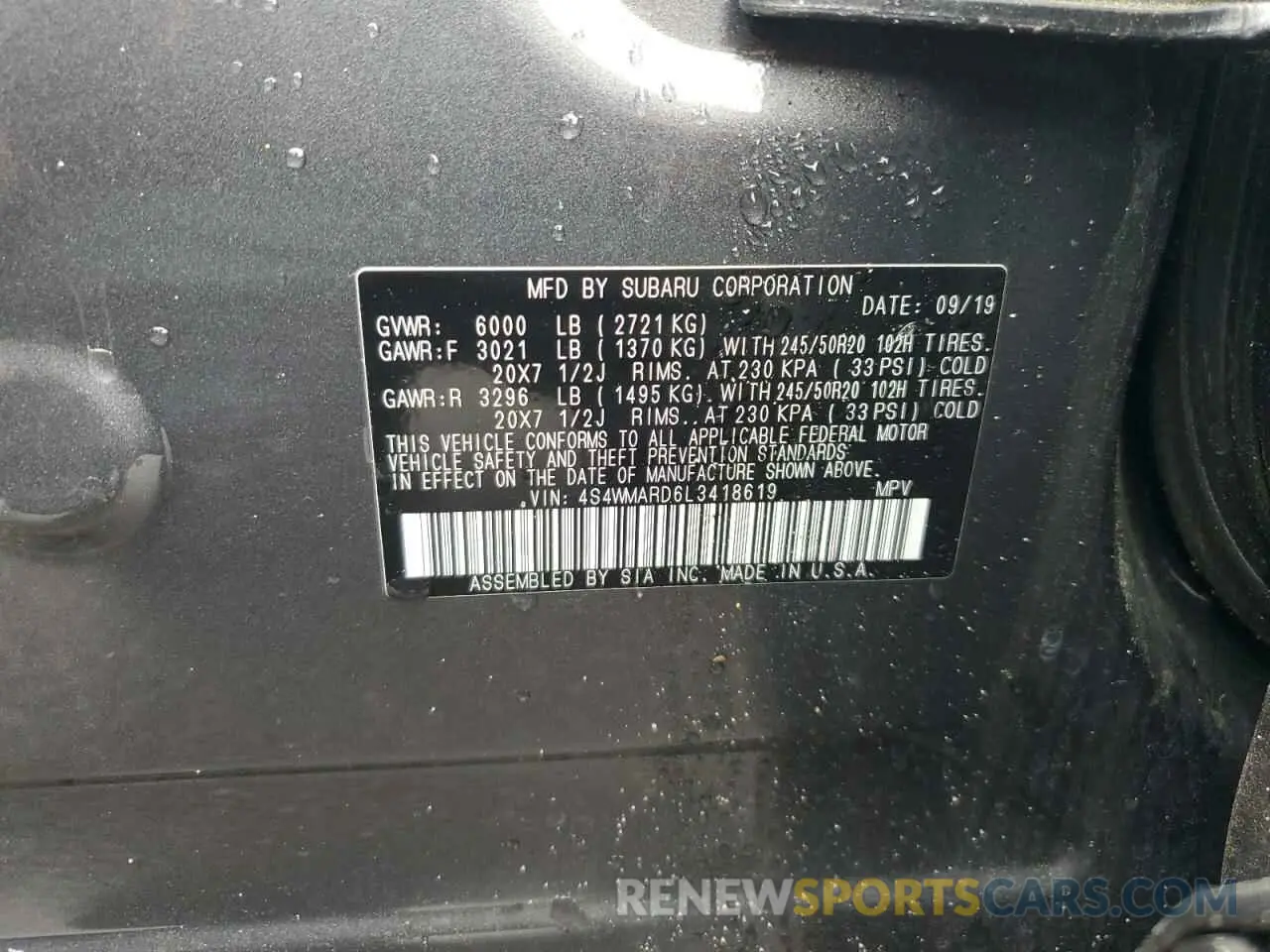 13 Photograph of a damaged car 4S4WMARD6L3418619 SUBARU ASCENT 2020