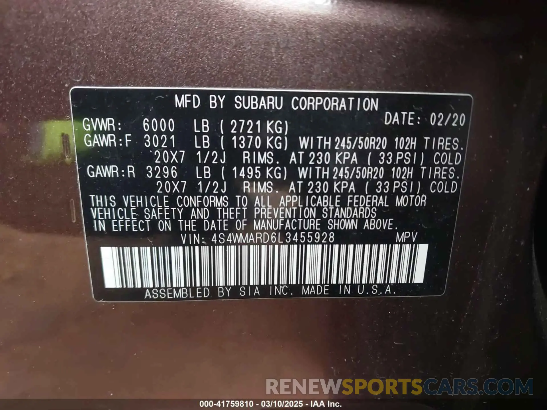 9 Photograph of a damaged car 4S4WMARD6L3455928 SUBARU ASCENT 2020