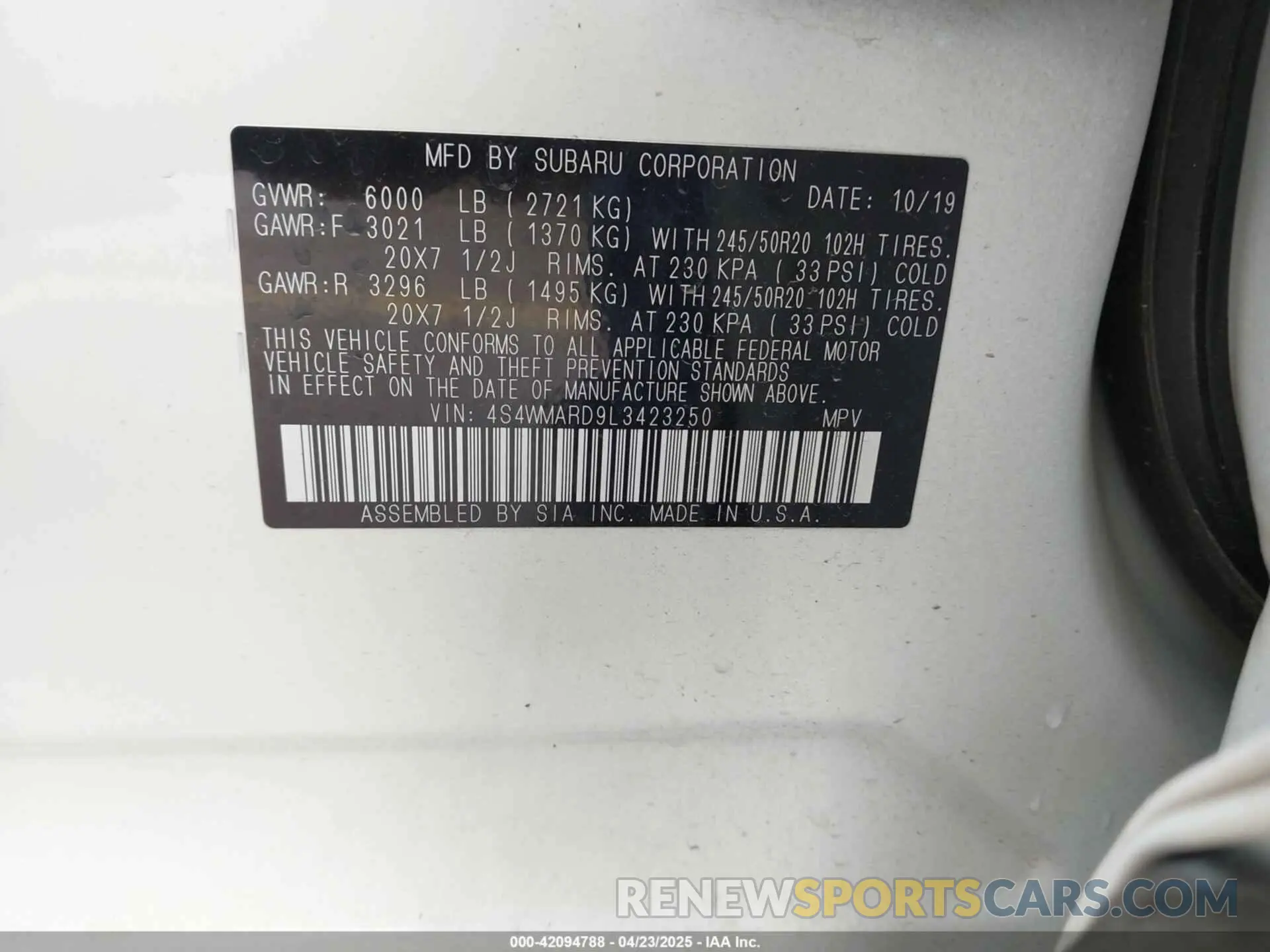 9 Photograph of a damaged car 4S4WMARD9L3423250 SUBARU ASCENT 2020