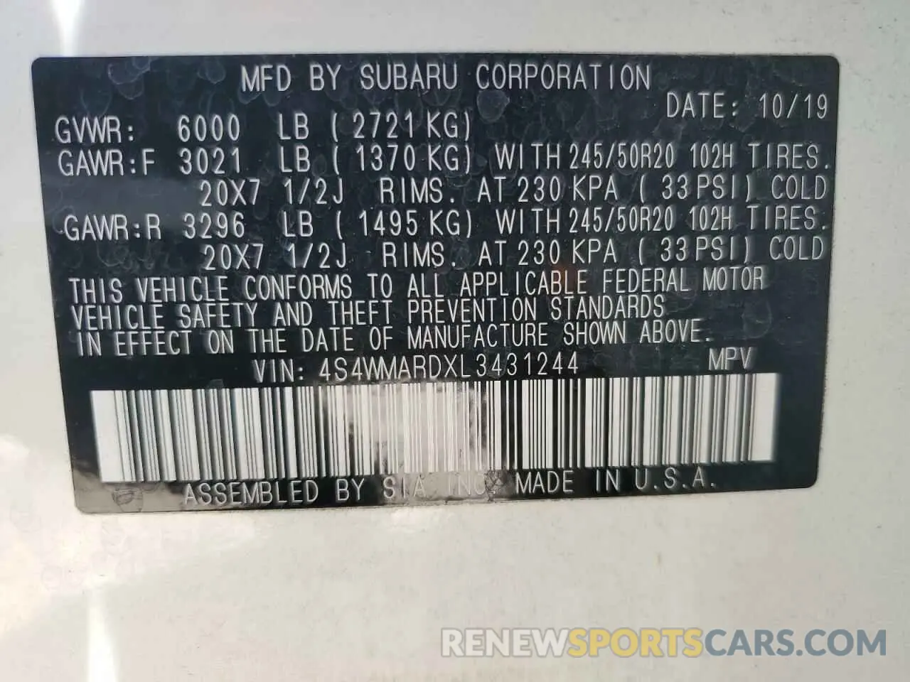 13 Photograph of a damaged car 4S4WMARDXL3431244 SUBARU ASCENT 2020