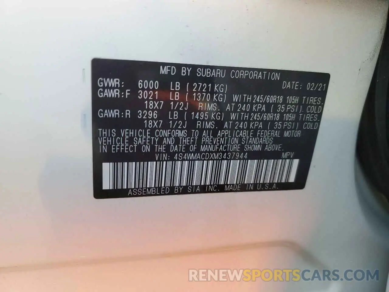 13 Photograph of a damaged car 4S4WMACDXM3437944 SUBARU ASCENT 2021
