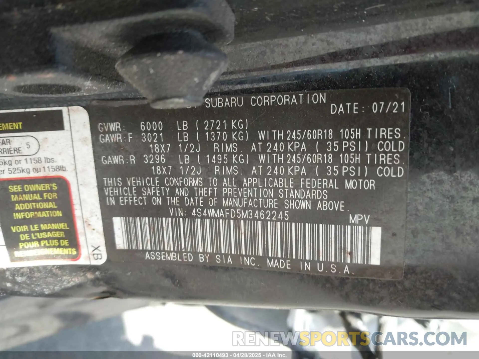 9 Photograph of a damaged car 4S4WMAFD5M3462245 SUBARU ASCENT 2021