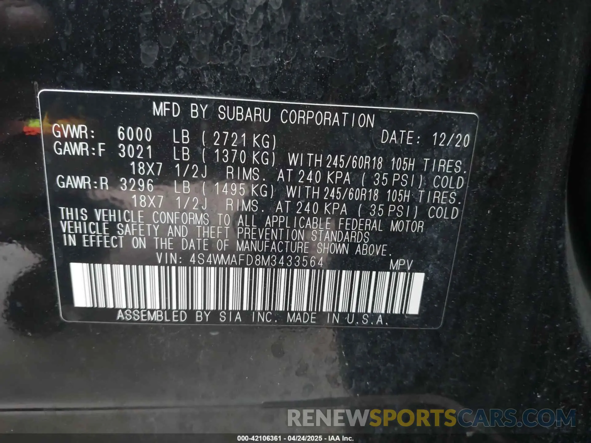 9 Photograph of a damaged car 4S4WMAFD8M3433564 SUBARU ASCENT 2021
