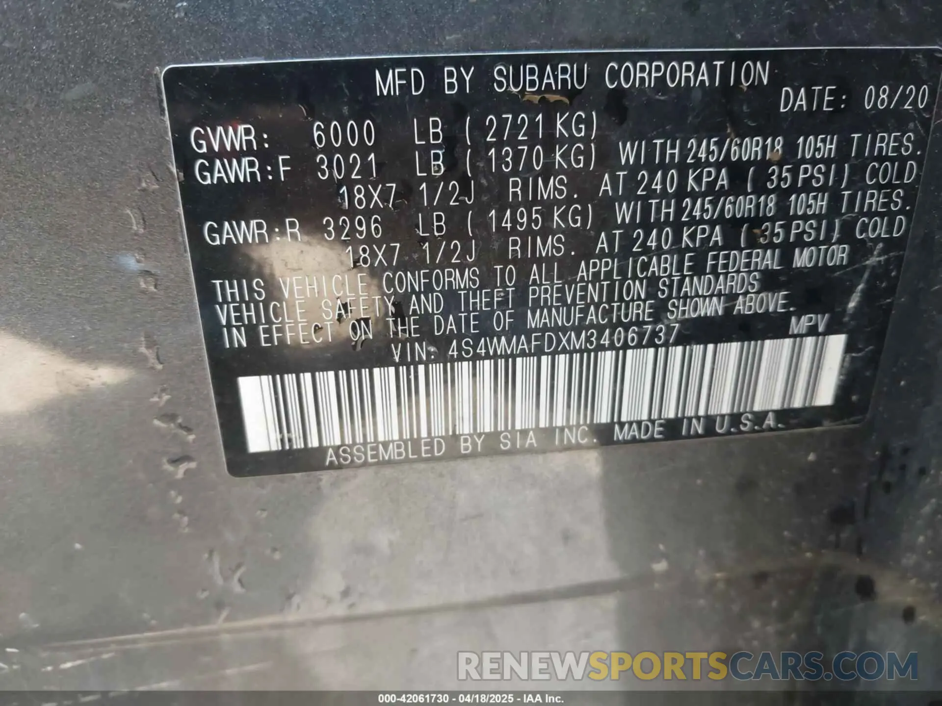 9 Photograph of a damaged car 4S4WMAFDXM3406737 SUBARU ASCENT 2021