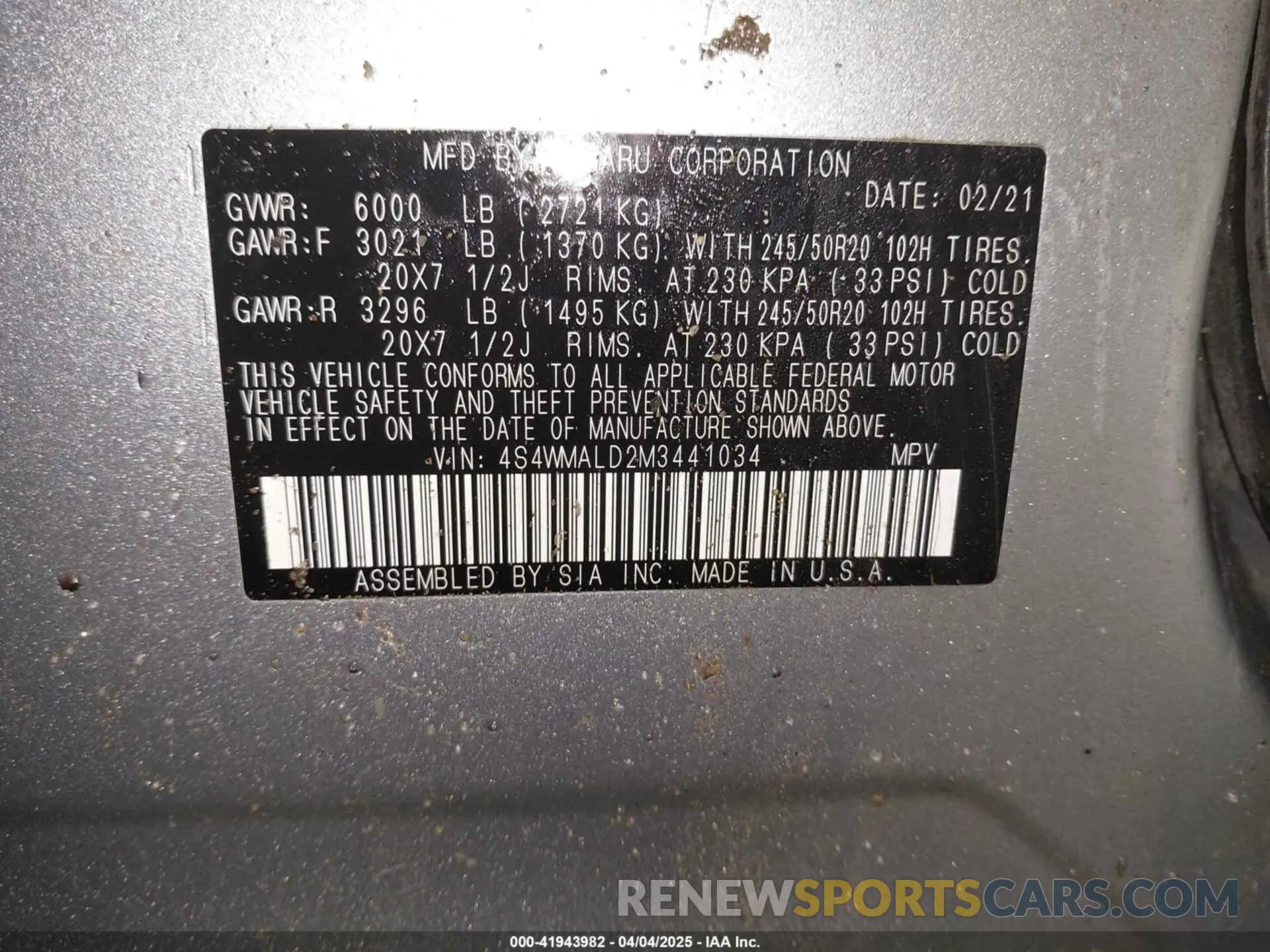 9 Photograph of a damaged car 4S4WMALD2M3441034 SUBARU ASCENT 2021