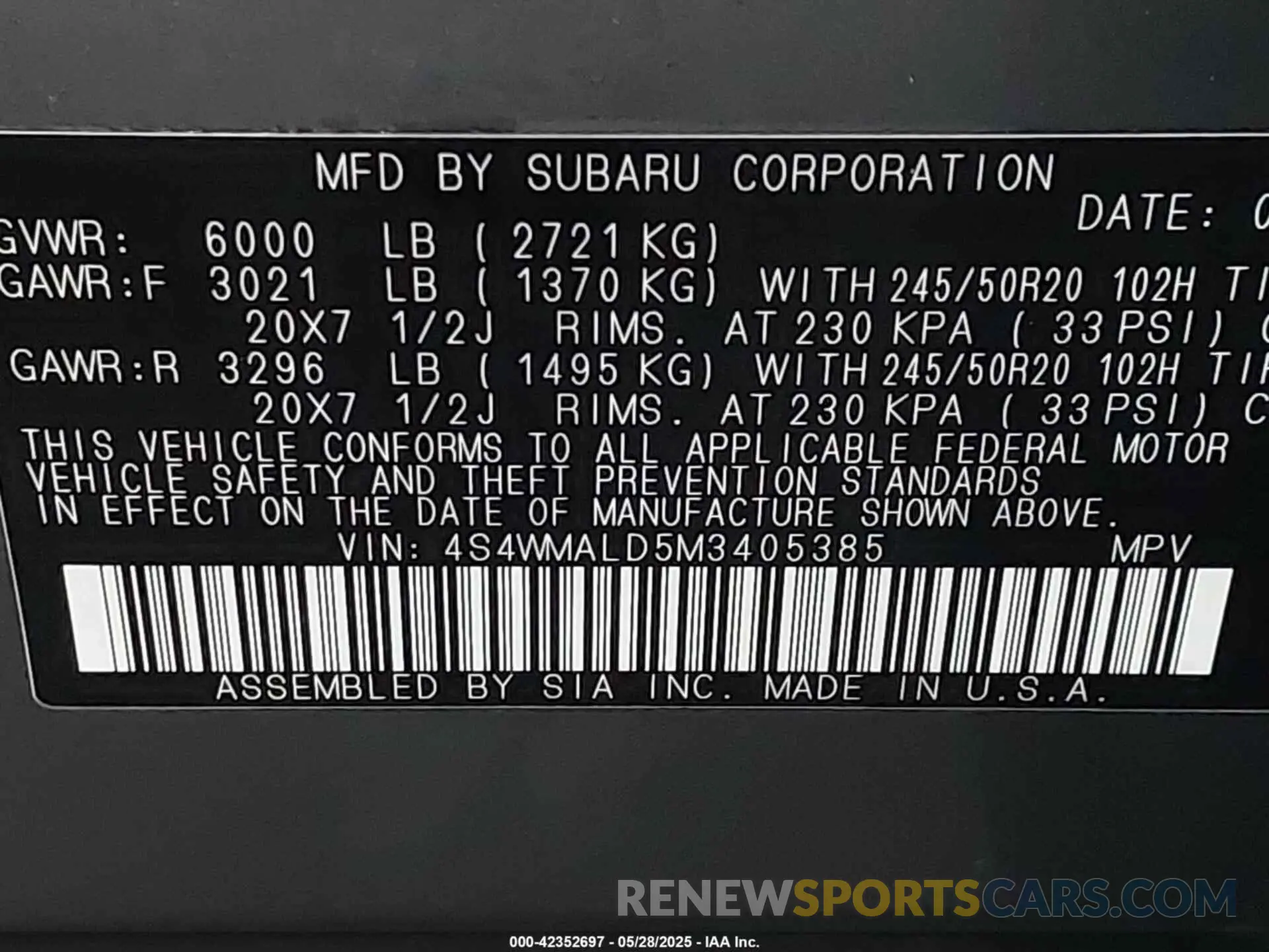 9 Photograph of a damaged car 4S4WMALD5M3405385 SUBARU ASCENT 2021